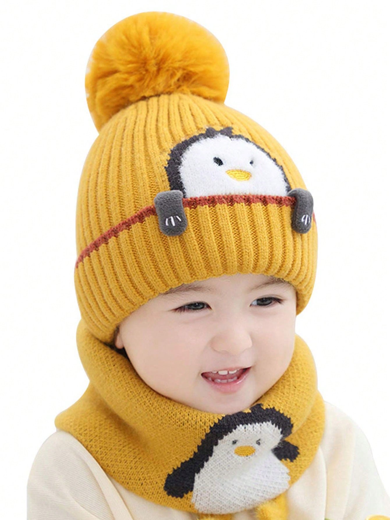 2pcs/Set Kids Knitted Hat & Scarf Set, Penguin Pom Pom Beanie Hat, Warm & Thick For Boys And Girls, Autumn/Winter