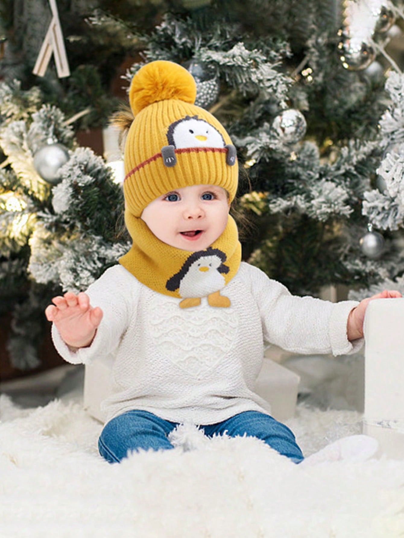 2pcs/Set Kids Knitted Hat & Scarf Set, Penguin Pom Pom Beanie Hat, Warm & Thick For Boys And Girls, Autumn/Winter