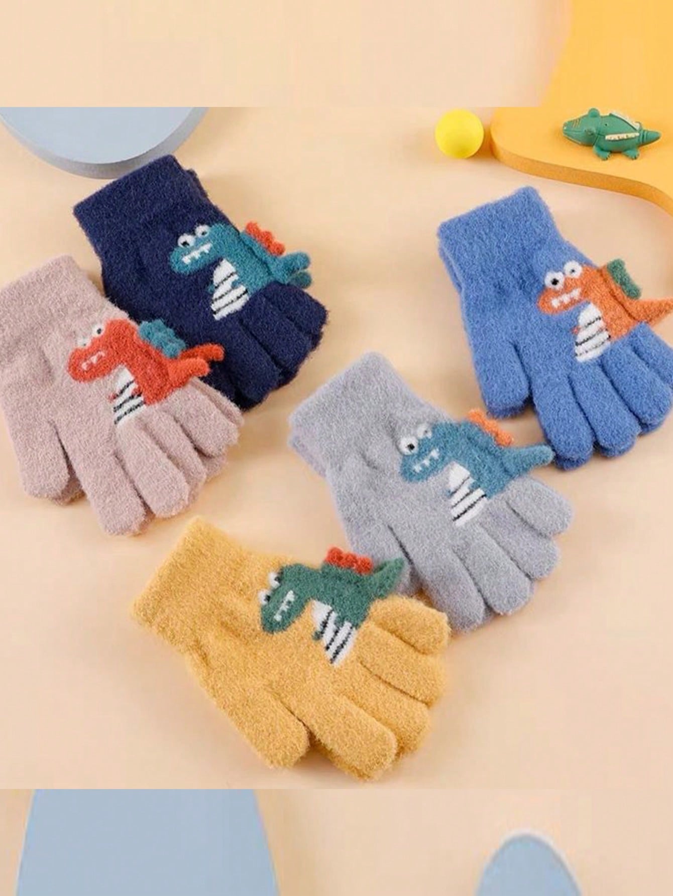 1pair 5-12 Years Kids Winter Warm Knit Thick Cartoon Dinosaur Pattern 5-Finger Gloves For Boys & Girls