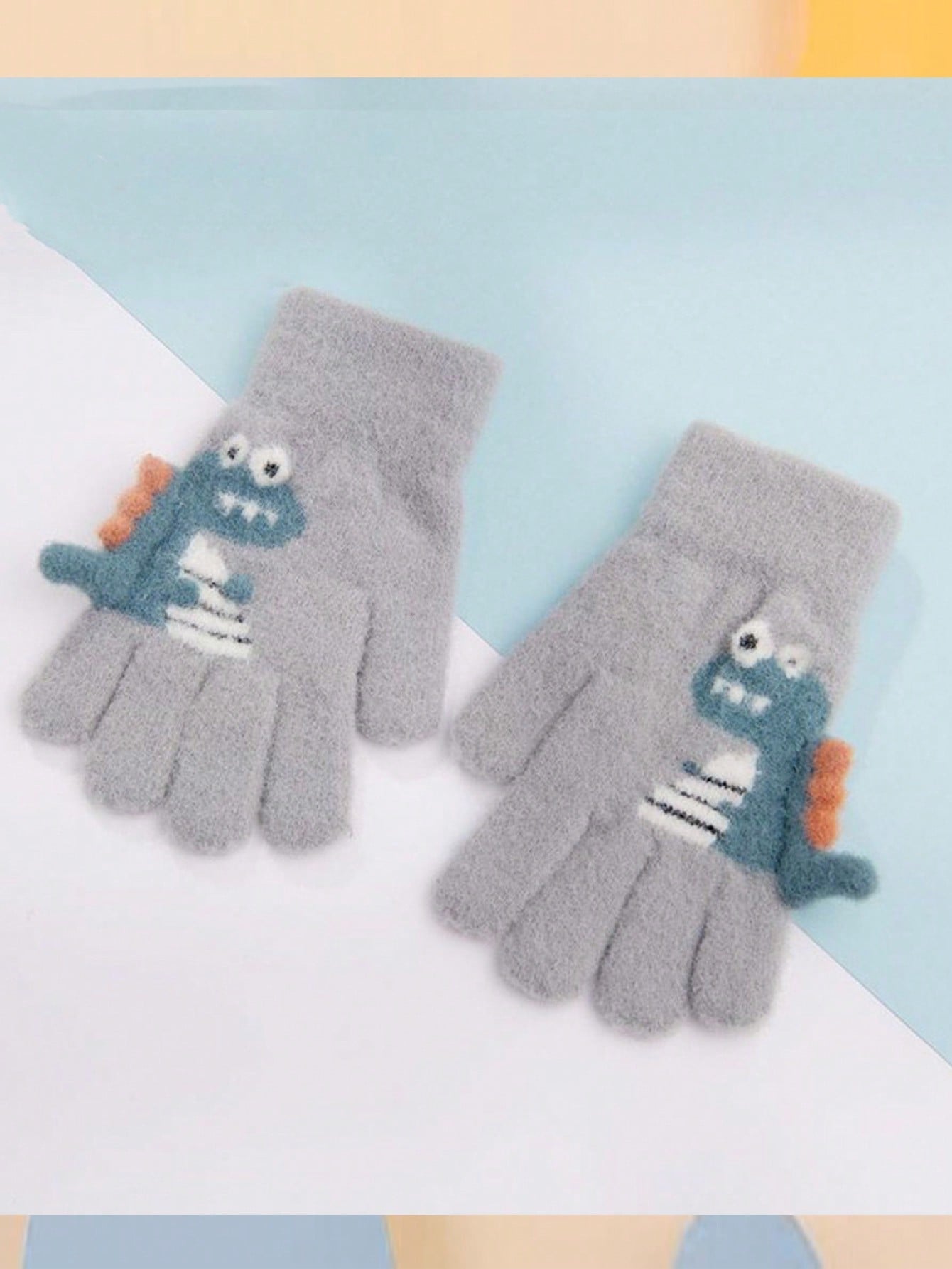 1pair 5-12 Years Kids Winter Warm Knit Thick Cartoon Dinosaur Pattern 5-Finger Gloves For Boys & Girls