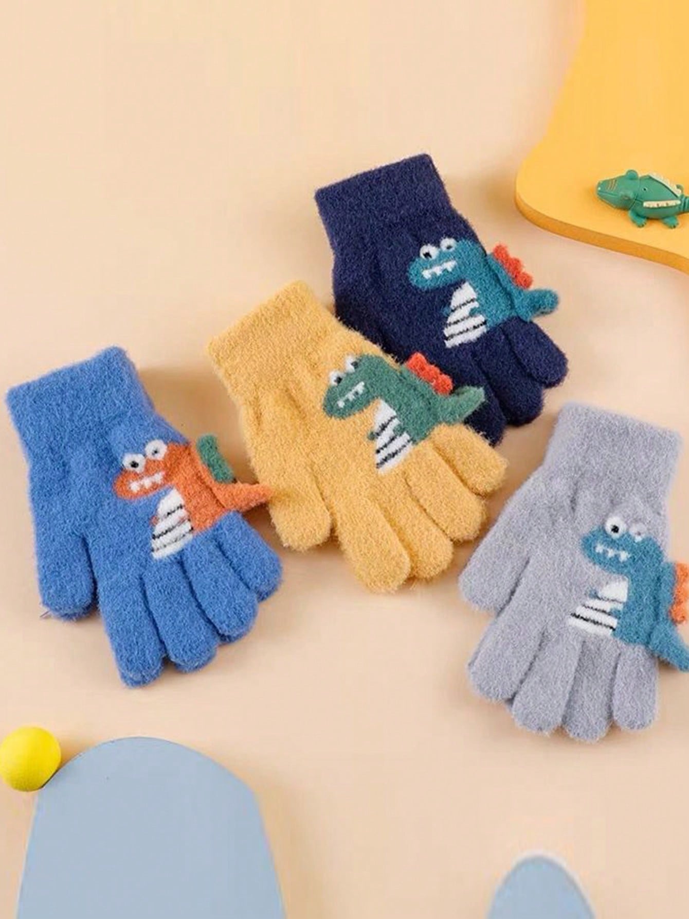 1pair 5-12 Years Kids Winter Warm Knit Thick Cartoon Dinosaur Pattern 5-Finger Gloves For Boys & Girls