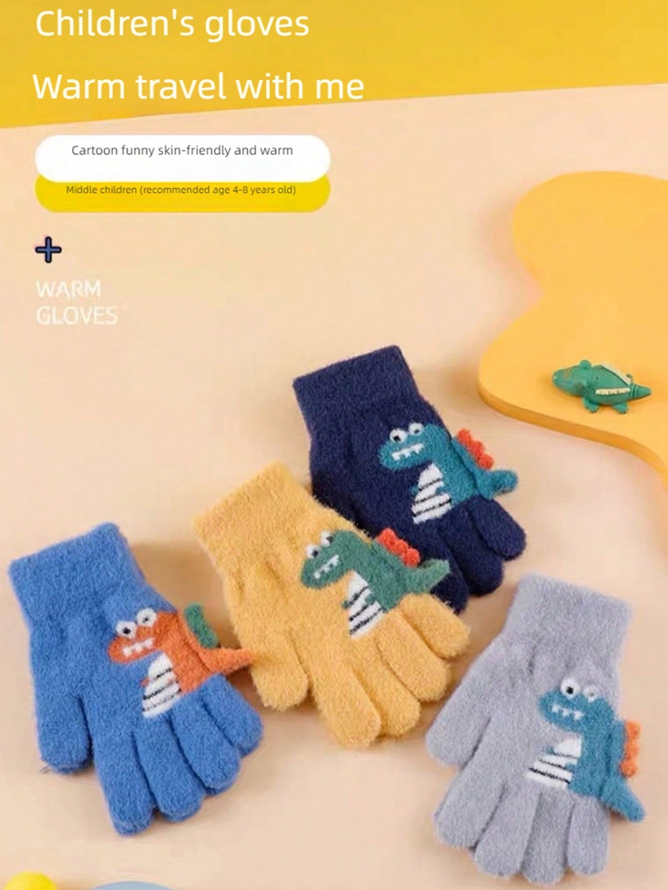 1pair 5-12 Years Kids Winter Warm Knit Thick Cartoon Dinosaur Pattern 5-Finger Gloves For Boys & Girls