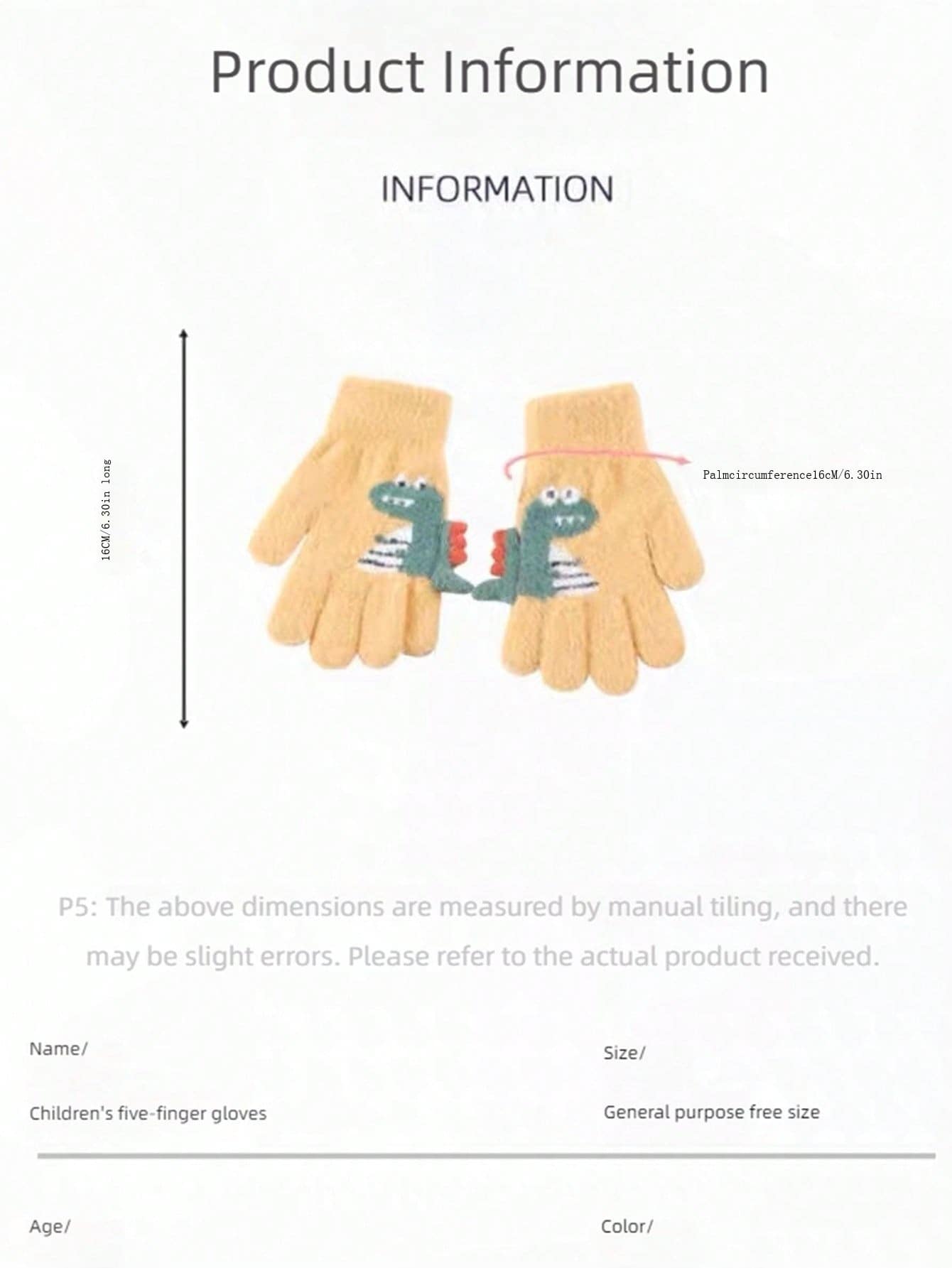 1pair 5-12 Years Kids Winter Warm Knit Thick Cartoon Dinosaur Pattern 5-Finger Gloves For Boys & Girls