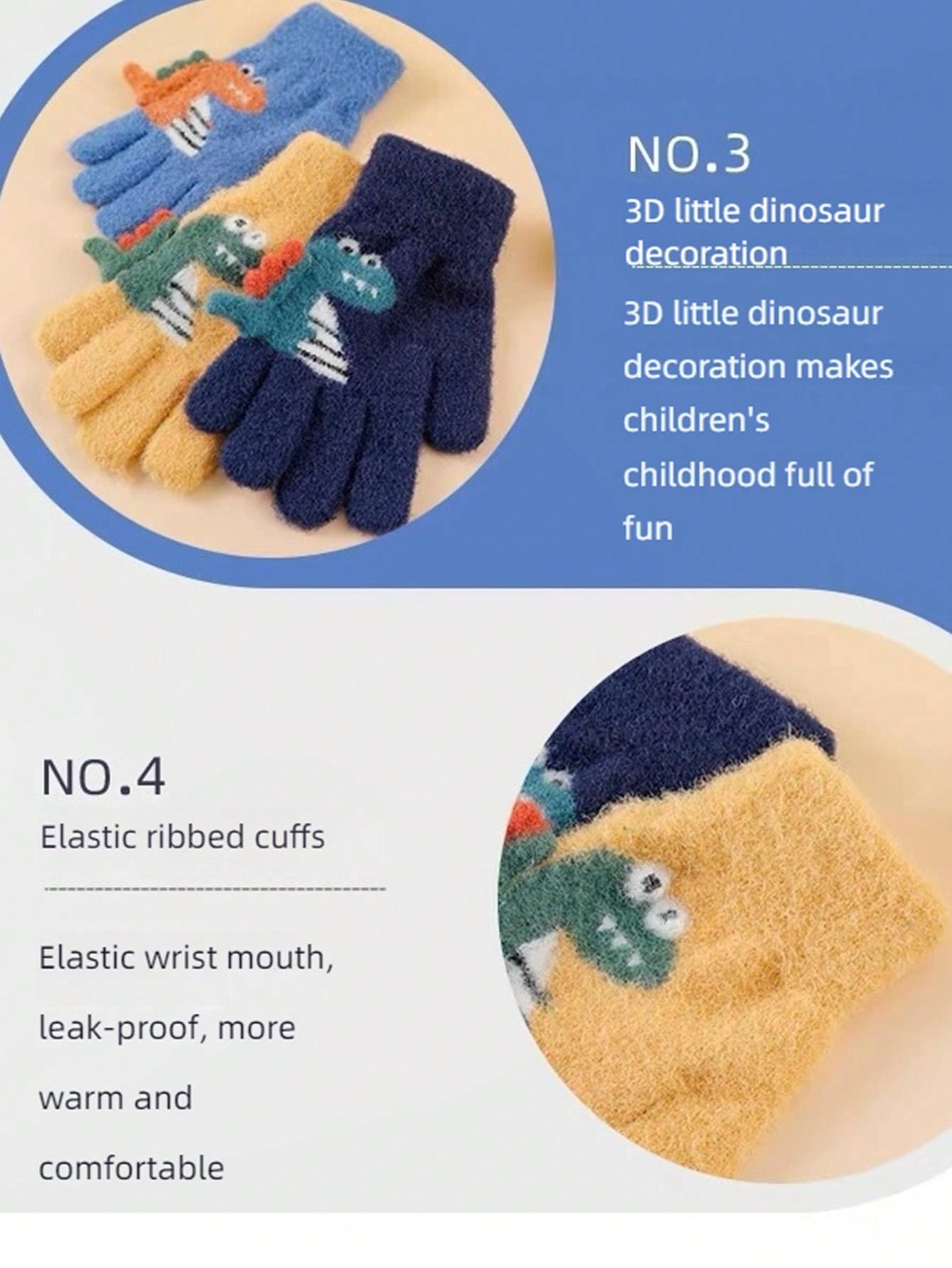 1pair 5-12 Years Kids Winter Warm Knit Thick Cartoon Dinosaur Pattern 5-Finger Gloves For Boys & Girls