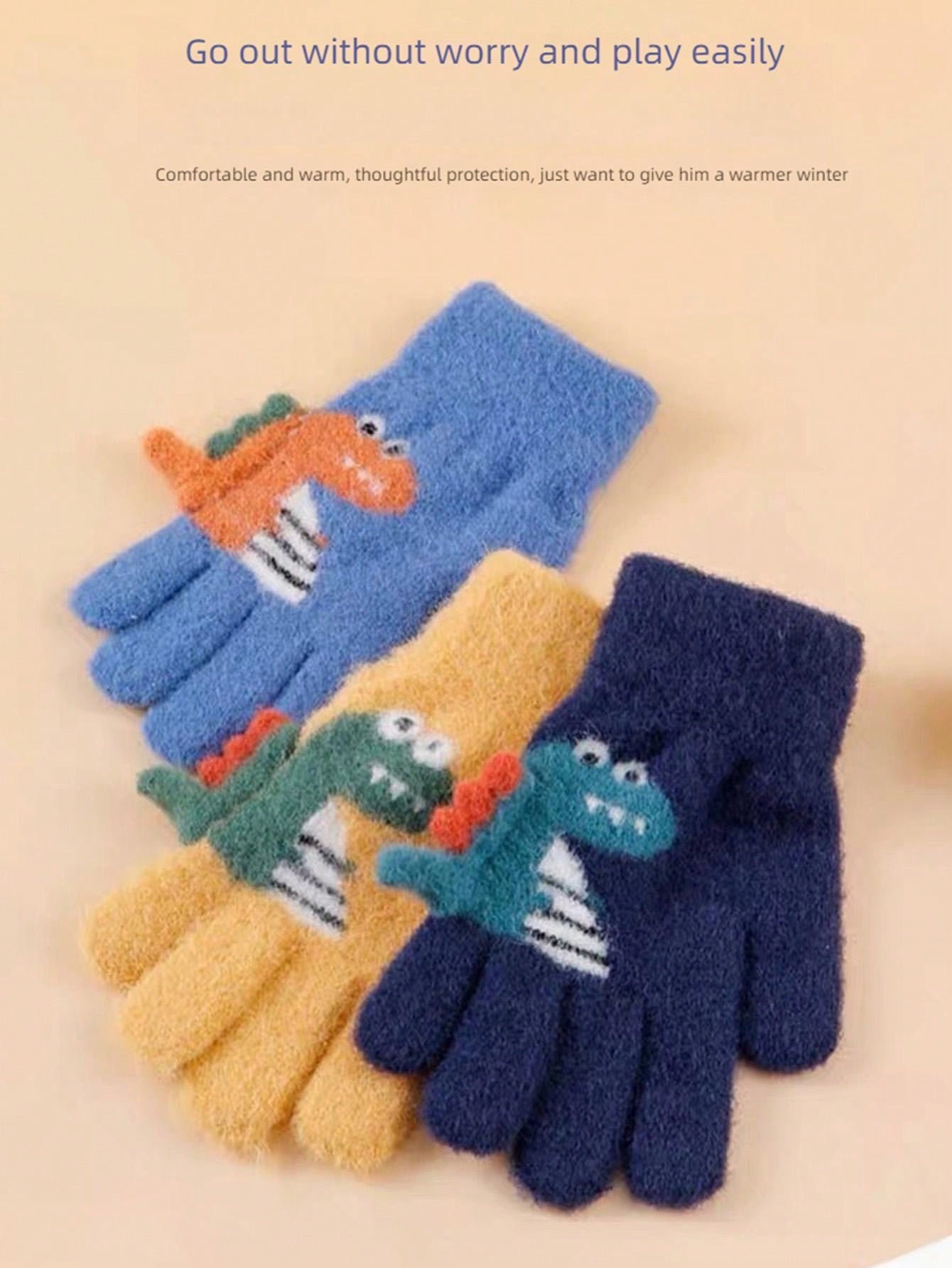 1pair 5-12 Years Kids Winter Warm Knit Thick Cartoon Dinosaur Pattern 5-Finger Gloves For Boys & Girls