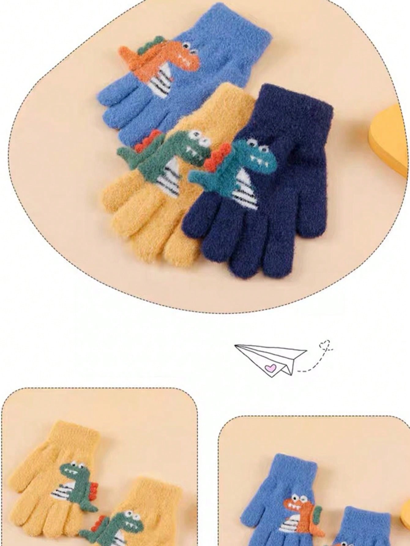 1pair 5-12 Years Kids Winter Warm Knit Thick Cartoon Dinosaur Pattern 5-Finger Gloves For Boys & Girls