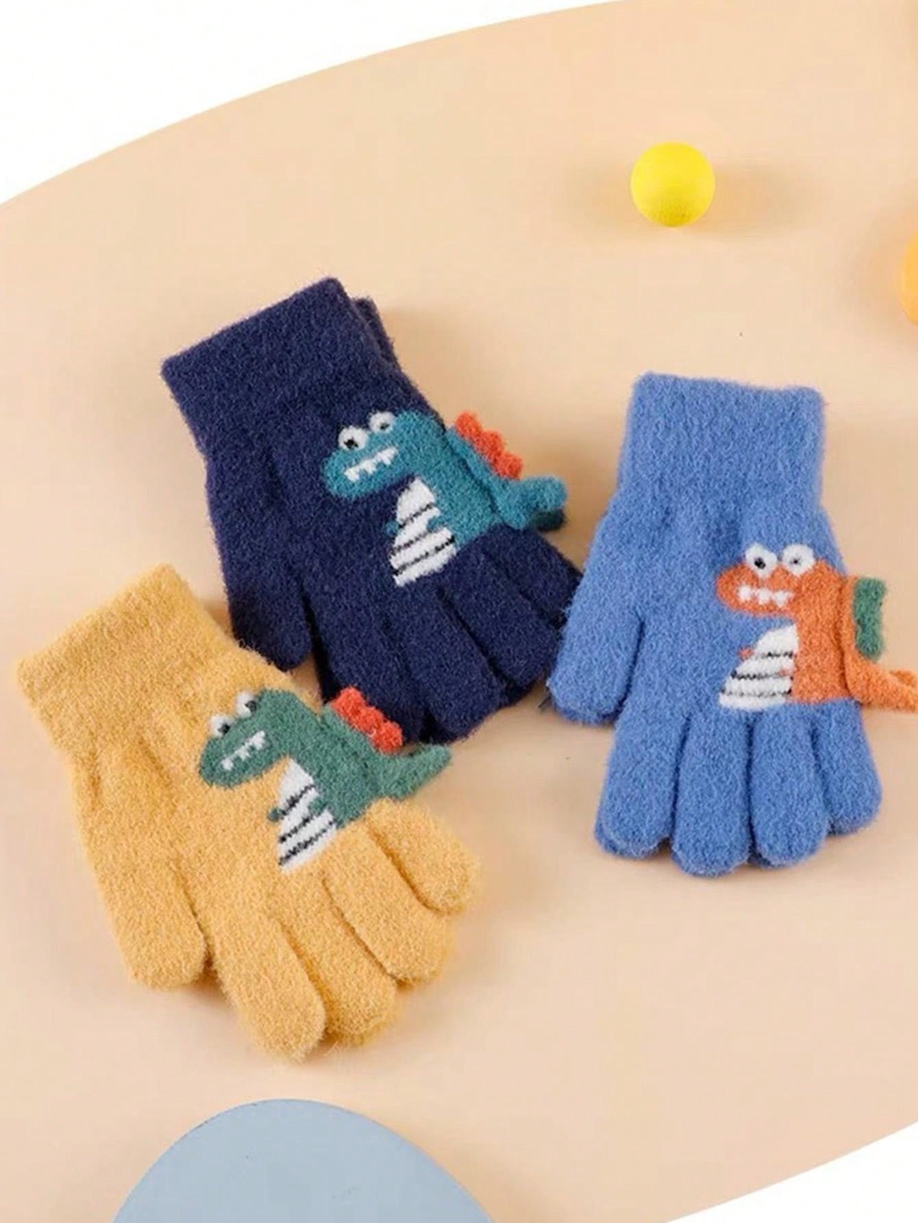 1pair 5-12 Years Kids Winter Warm Knit Thick Cartoon Dinosaur Pattern 5-Finger Gloves For Boys & Girls