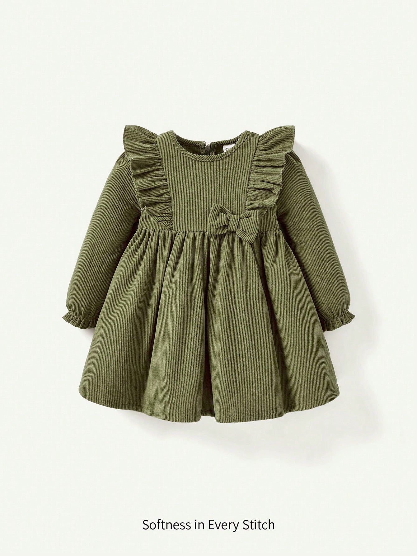 Cozy Pixies Baby Girl Casual Round Neck Ruffle Hem Long Sleeve Solid Color Dress Fall Clothes