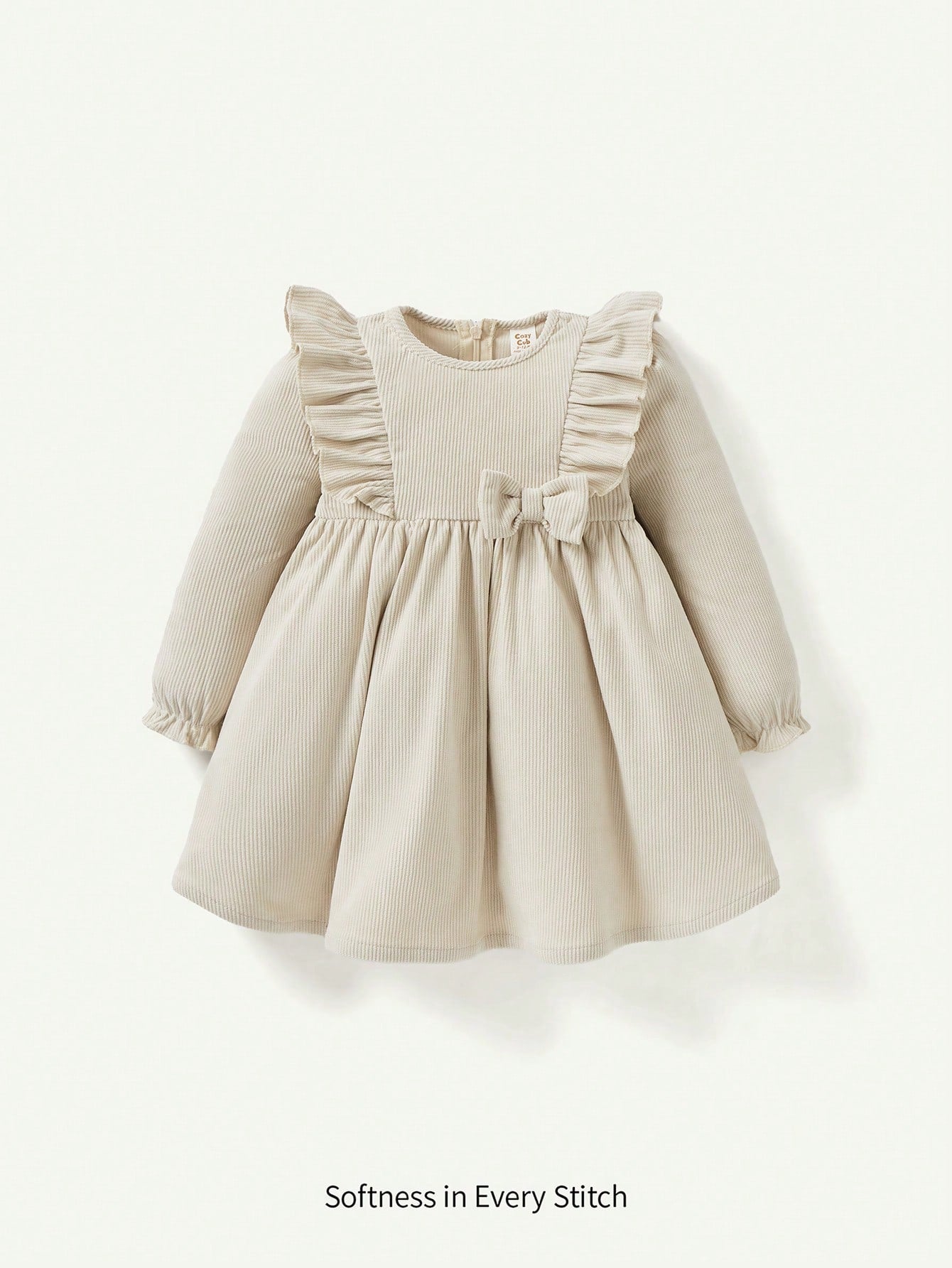 Cozy Pixies Baby Girl Casual Round Neck Ruffle Hem Long Sleeve Solid Color Dress Fall Clothes