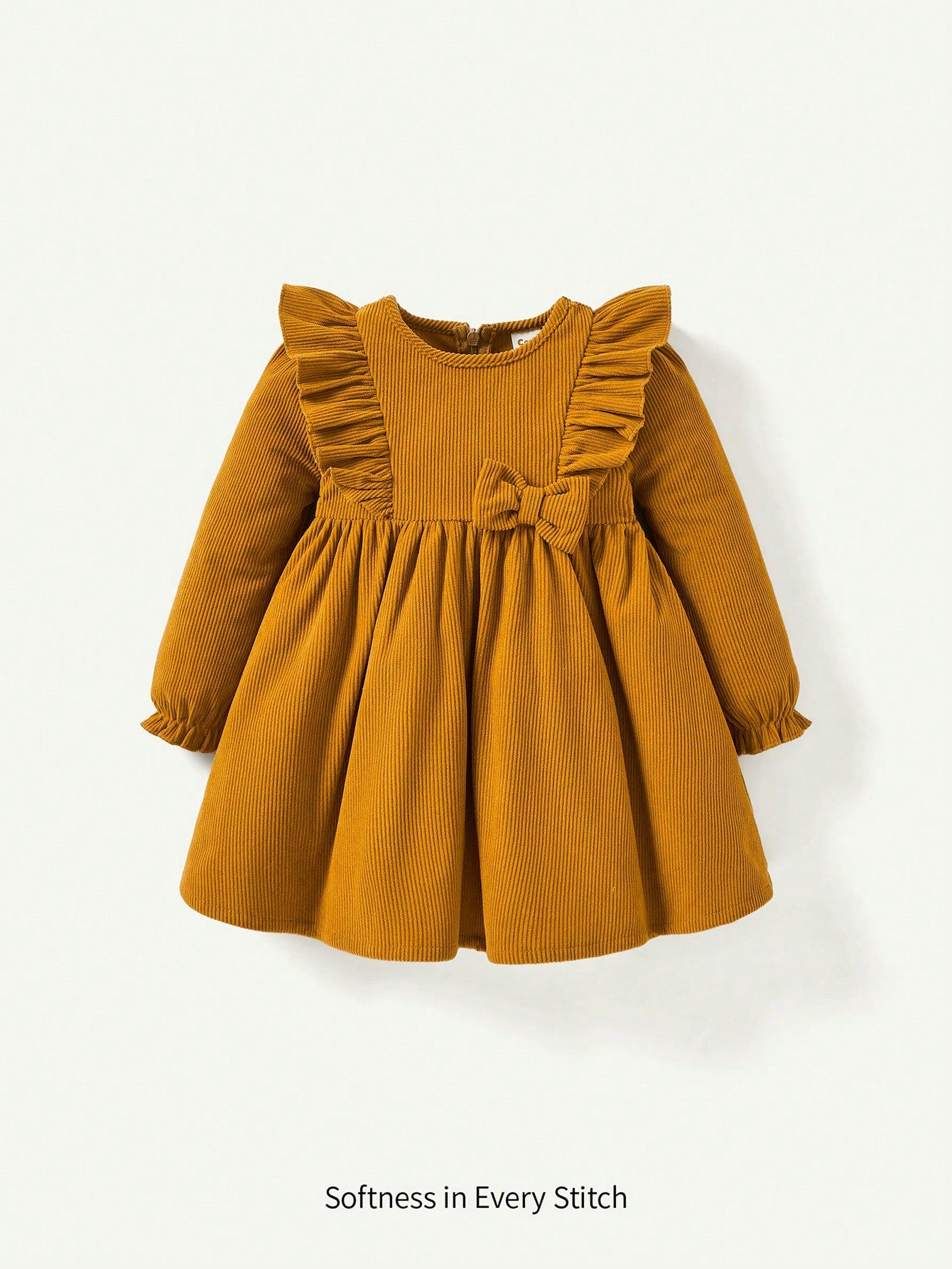 Cozy Pixies Baby Girl Casual Round Neck Ruffle Hem Long Sleeve Solid Color Dress Fall Clothes