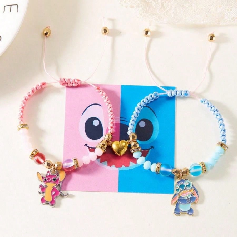 2pcs Cartoon Stitch Heart-Shaped Magnetic Couple Bracelet, Woven Bracelet Set For Men, Women, Students, Couples