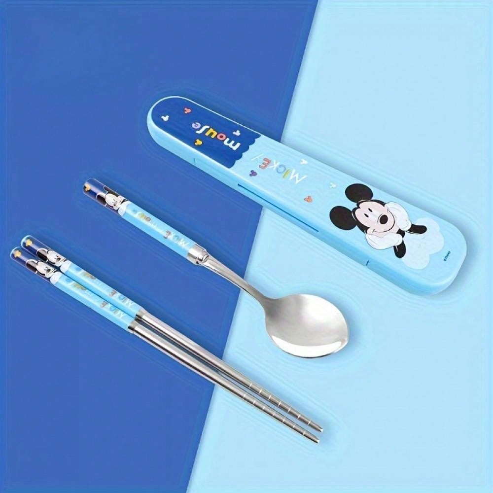 2pcs/Set, Spoon Chopsticks Set With Box, Cartoon Cute Stainless Steel Portable Tableware, Kawaii Reusable Utensils, Suitable For Lunch, Camping, School, Picnic, Birthday Christmas Gift