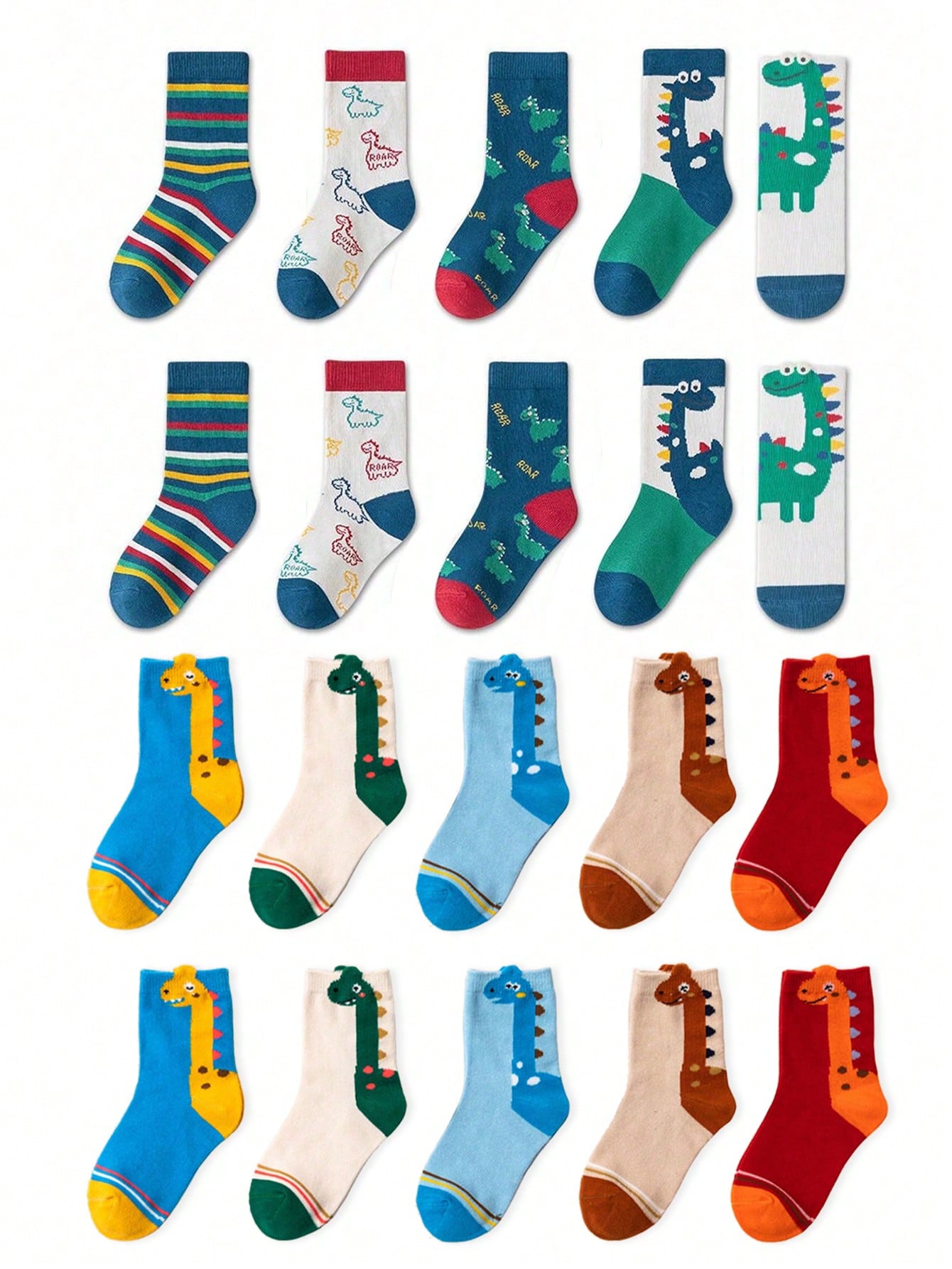 5 Pairs Cartoon Neck Dinosaur Design Children's Socks, Mid-Calf, For Spring And Autumn