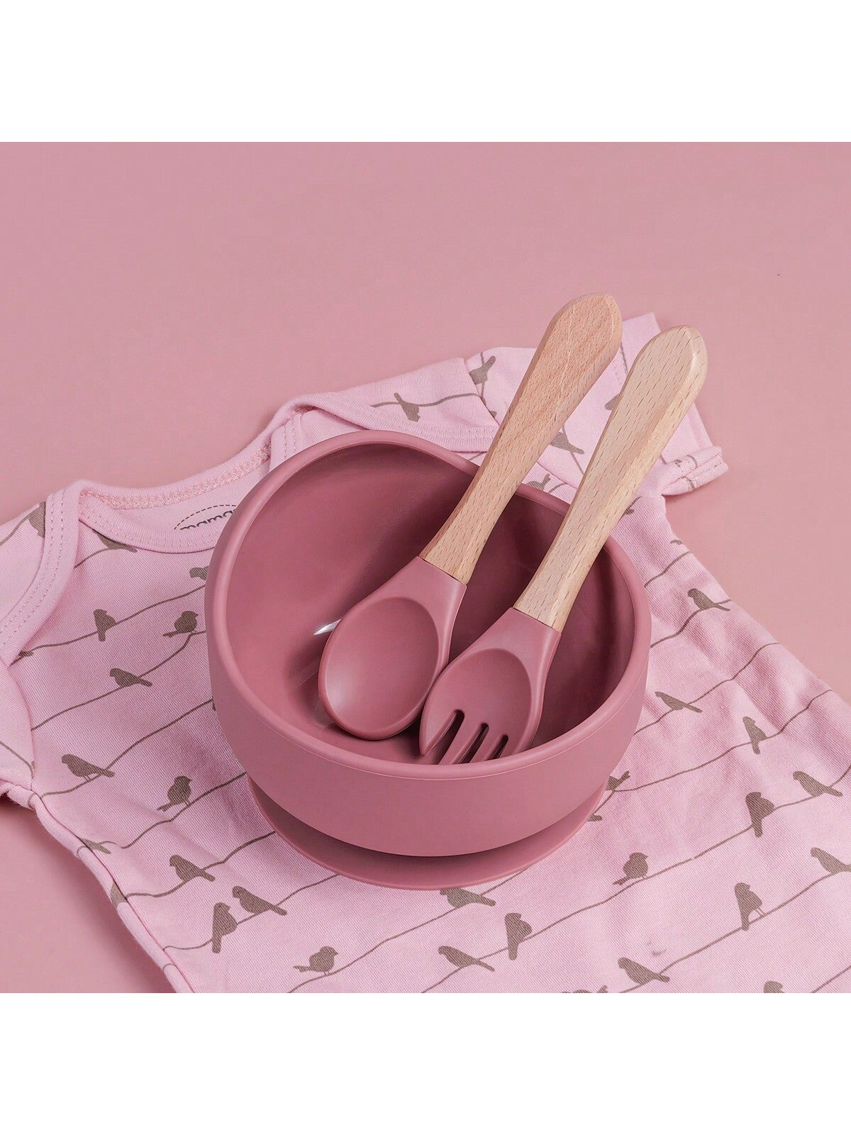 3PCS Customized Children's Bowl With Suction Cup, Wooden Handle Fork And Spoon, Children's Tableware,Children's Feeding Utensils,First Stage Self Feeding Utensils, Silicone,Christmas Giftbaby Shower Family Decorations Gifts