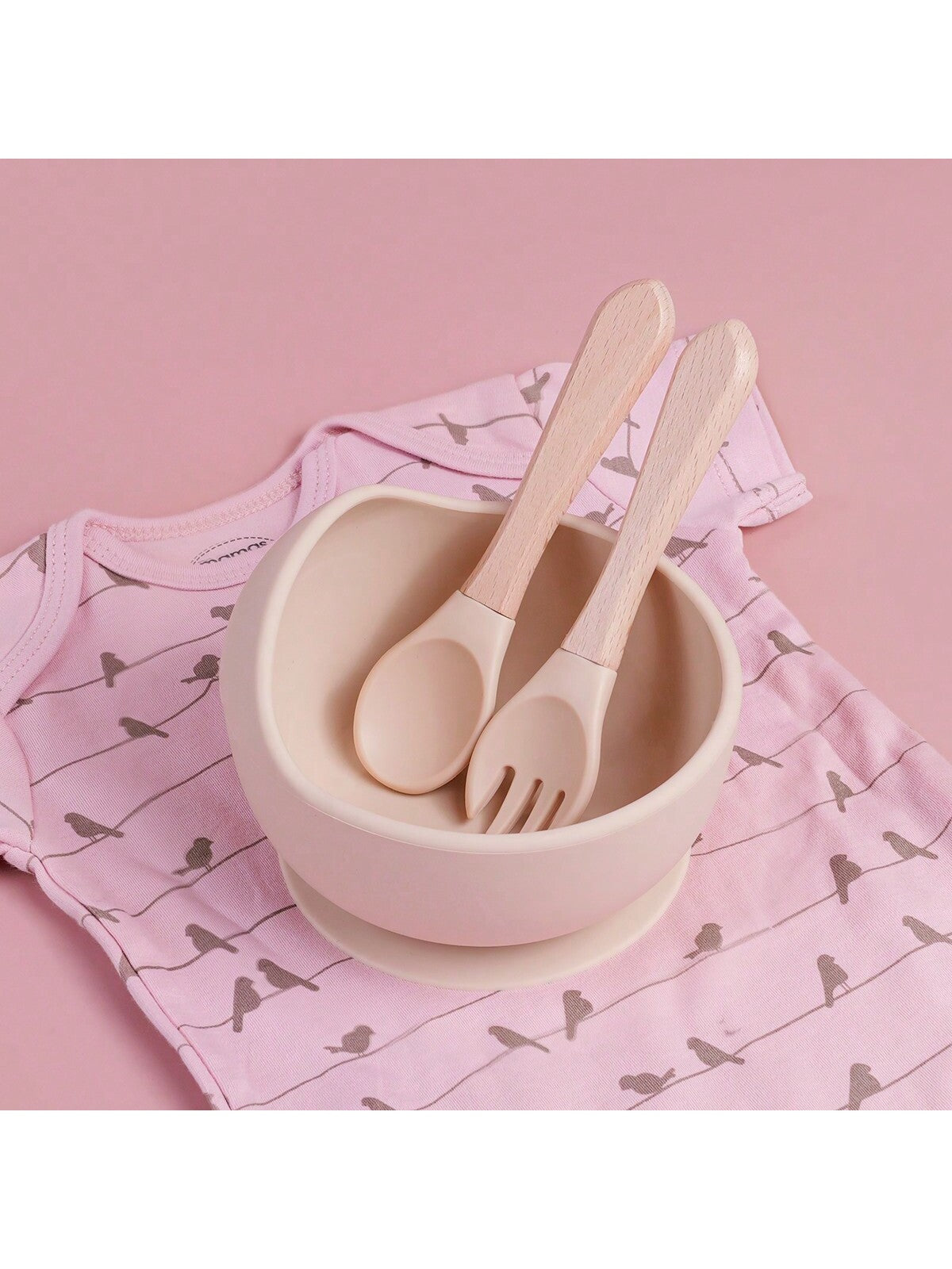 3PCS Customized Children's Bowl With Suction Cup, Wooden Handle Fork And Spoon, Children's Tableware,Children's Feeding Utensils,First Stage Self Feeding Utensils, Silicone,Christmas Giftbaby Shower Family Decorations Gifts