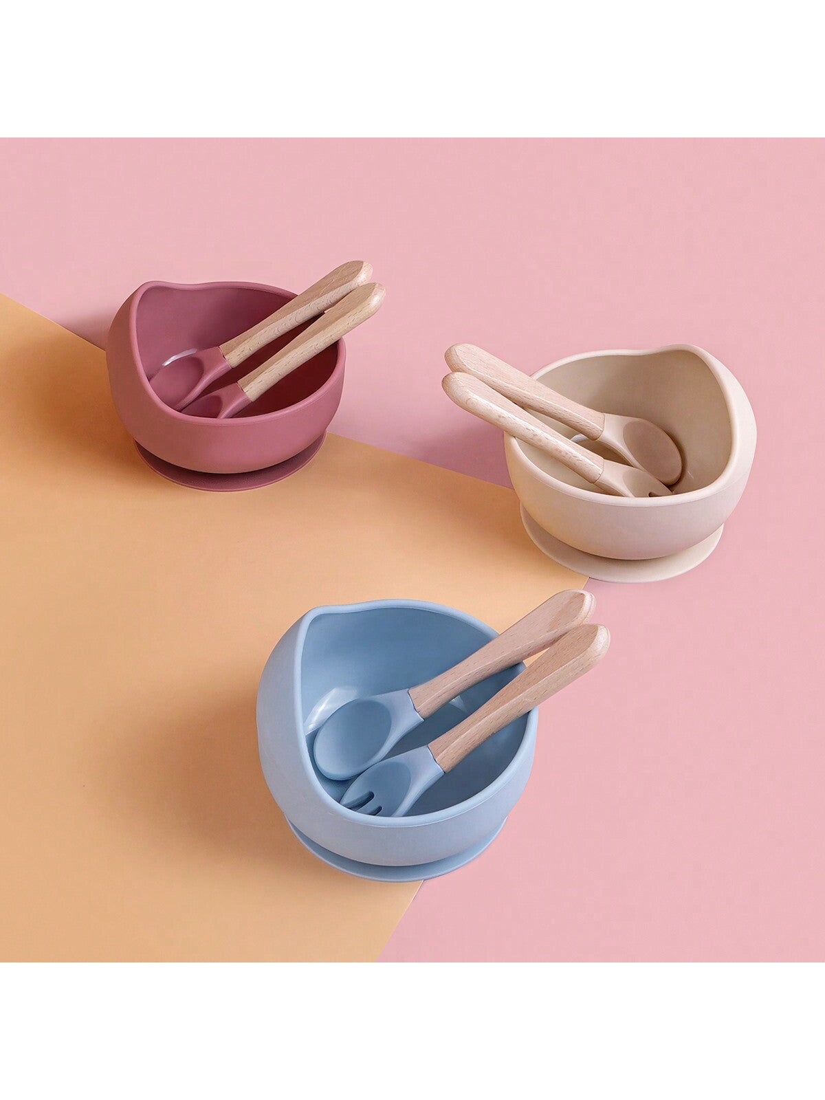 3PCS Customized Children's Bowl With Suction Cup, Wooden Handle Fork And Spoon, Children's Tableware,Children's Feeding Utensils,First Stage Self Feeding Utensils, Silicone,Christmas Giftbaby Shower Family Decorations Gifts