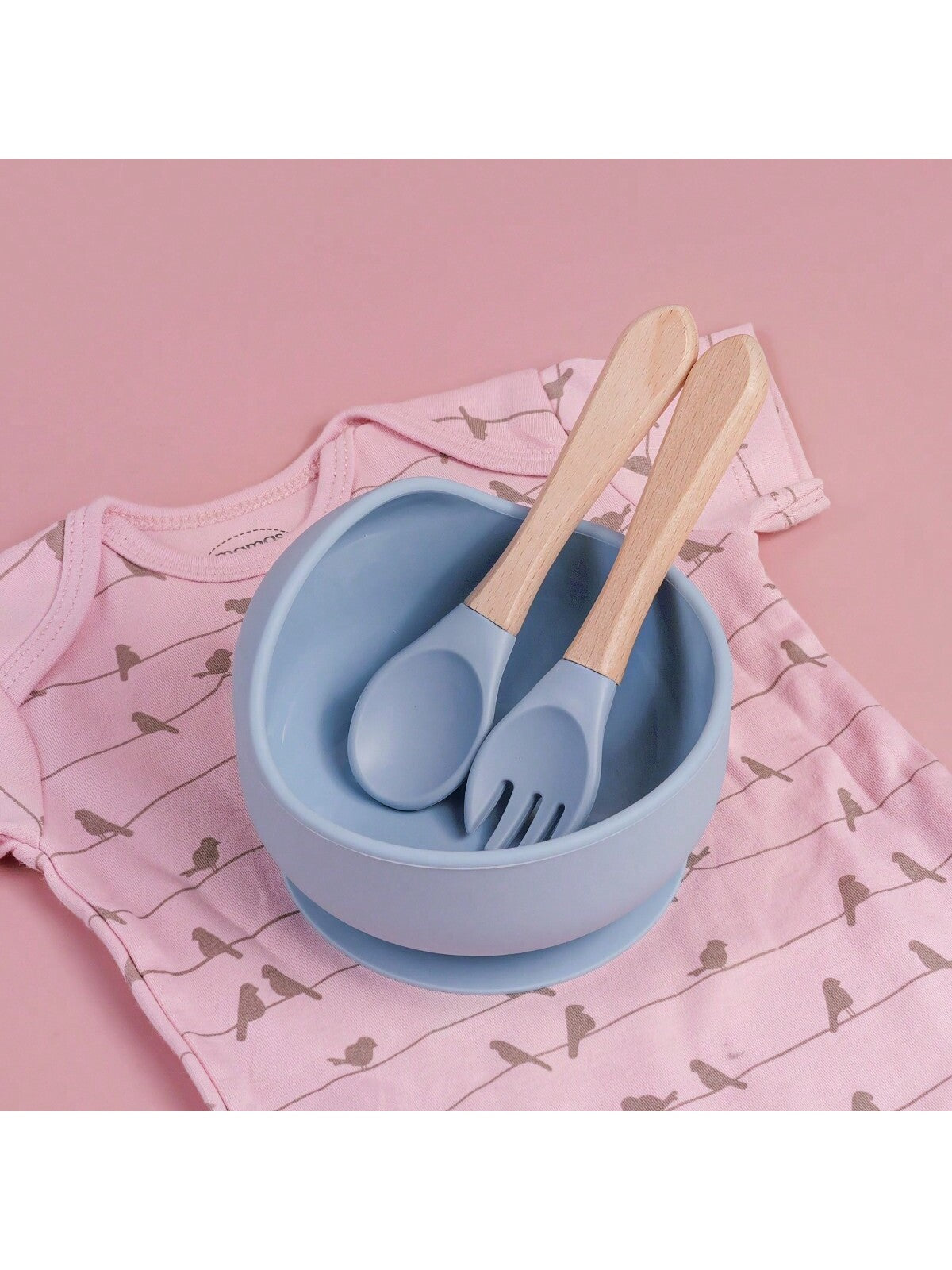 3PCS Customized Children's Bowl With Suction Cup, Wooden Handle Fork And Spoon, Children's Tableware,Children's Feeding Utensils,First Stage Self Feeding Utensils, Silicone,Christmas Giftbaby Shower Family Decorations Gifts