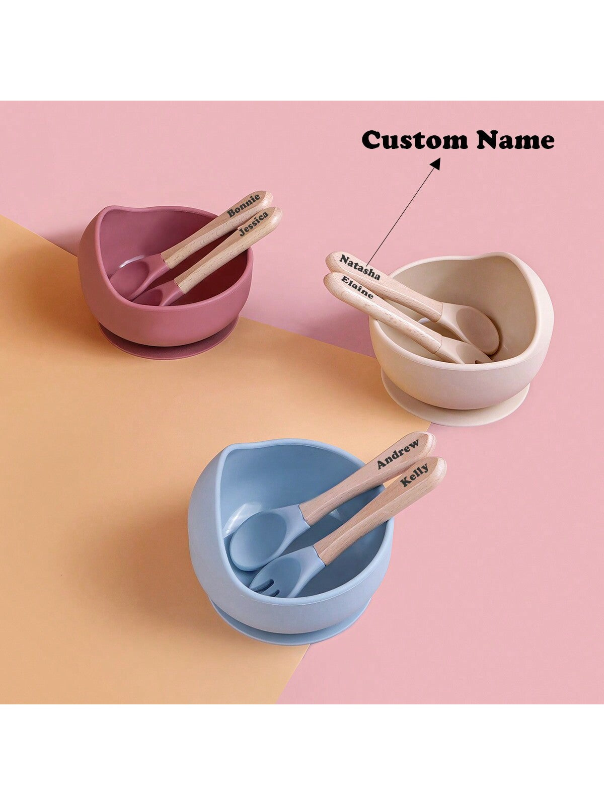 3PCS Customized Children's Bowl With Suction Cup, Wooden Handle Fork And Spoon, Children's Tableware,Children's Feeding Utensils,First Stage Self Feeding Utensils, Silicone,Christmas Giftbaby Shower Family Decorations Gifts