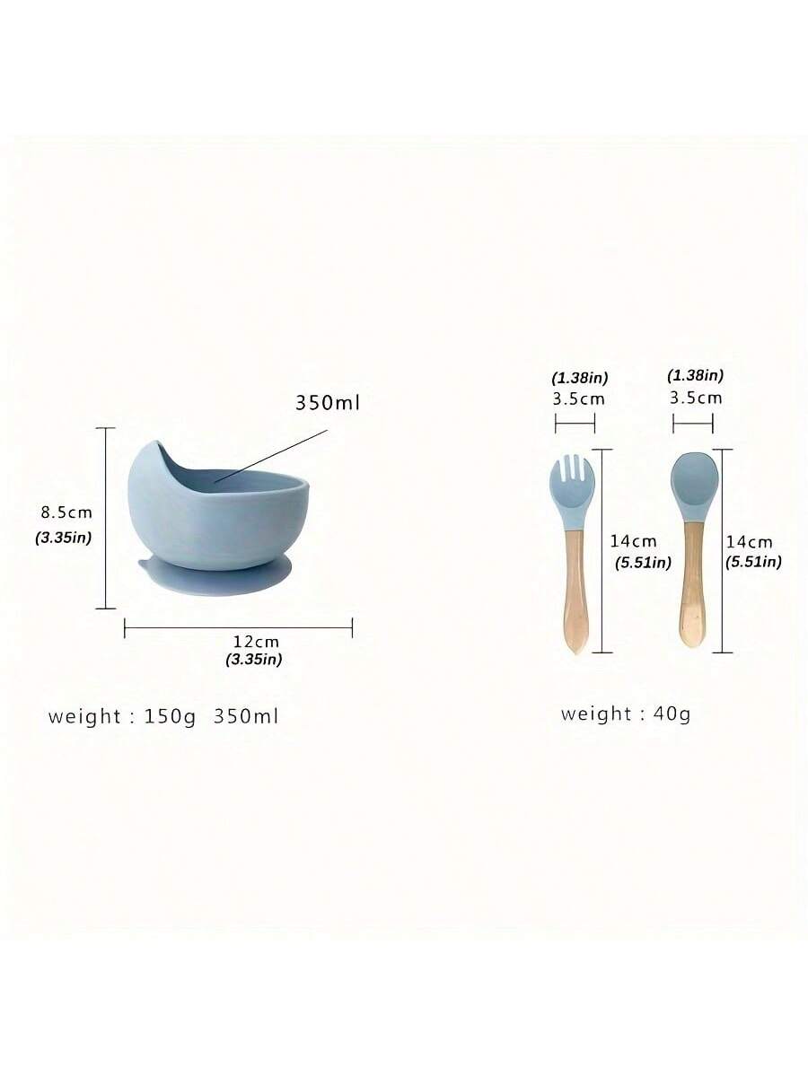 3PCS Customized Children's Bowl With Suction Cup, Wooden Handle Fork And Spoon, Children's Tableware,Children's Feeding Utensils,First Stage Self Feeding Utensils, Silicone,Christmas Giftbaby Shower Family Decorations Gifts