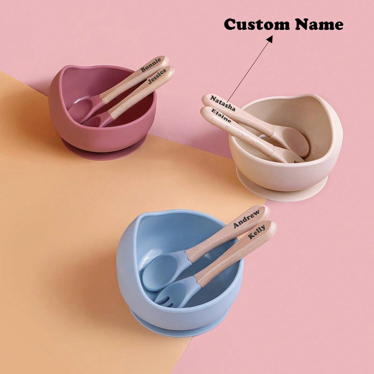 3PCS Customized Children's Bowl With Suction Cup, Wooden Handle Fork And Spoon, Children's Tableware,Children's Feeding Utensils,First Stage Self Feeding Utensils, Silicone,Christmas Giftbaby Shower Family Decorations Gifts