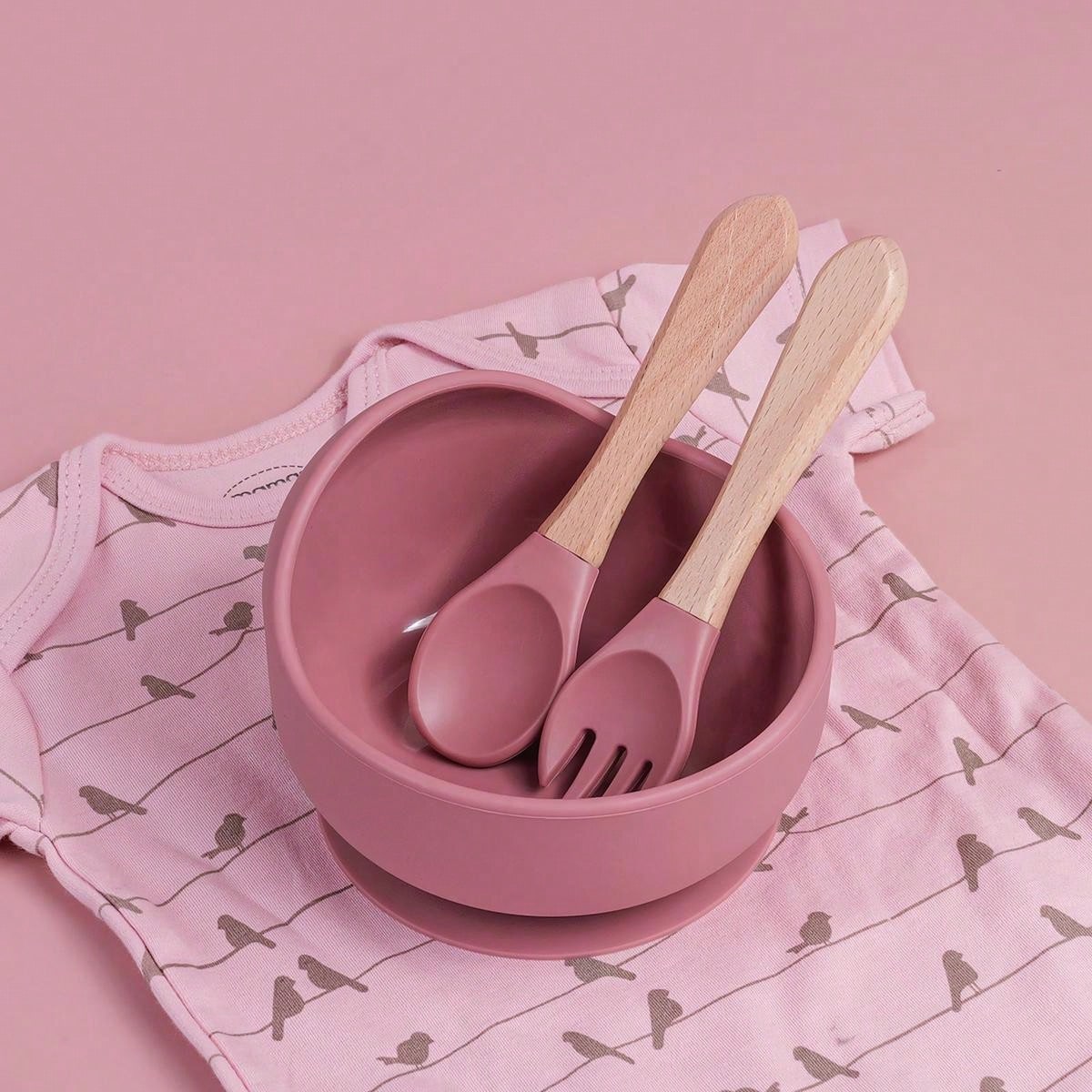 3PCS Customized Children's Bowl With Suction Cup, Wooden Handle Fork And Spoon, Children's Tableware,Children's Feeding Utensils,First Stage Self Feeding Utensils, Silicone,Christmas Giftbaby Shower Family Decorations Gifts