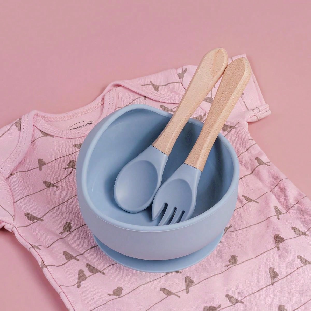 3PCS Customized Children's Bowl With Suction Cup, Wooden Handle Fork And Spoon, Children's Tableware,Children's Feeding Utensils,First Stage Self Feeding Utensils, Silicone,Christmas Giftbaby Shower Family Decorations Gifts