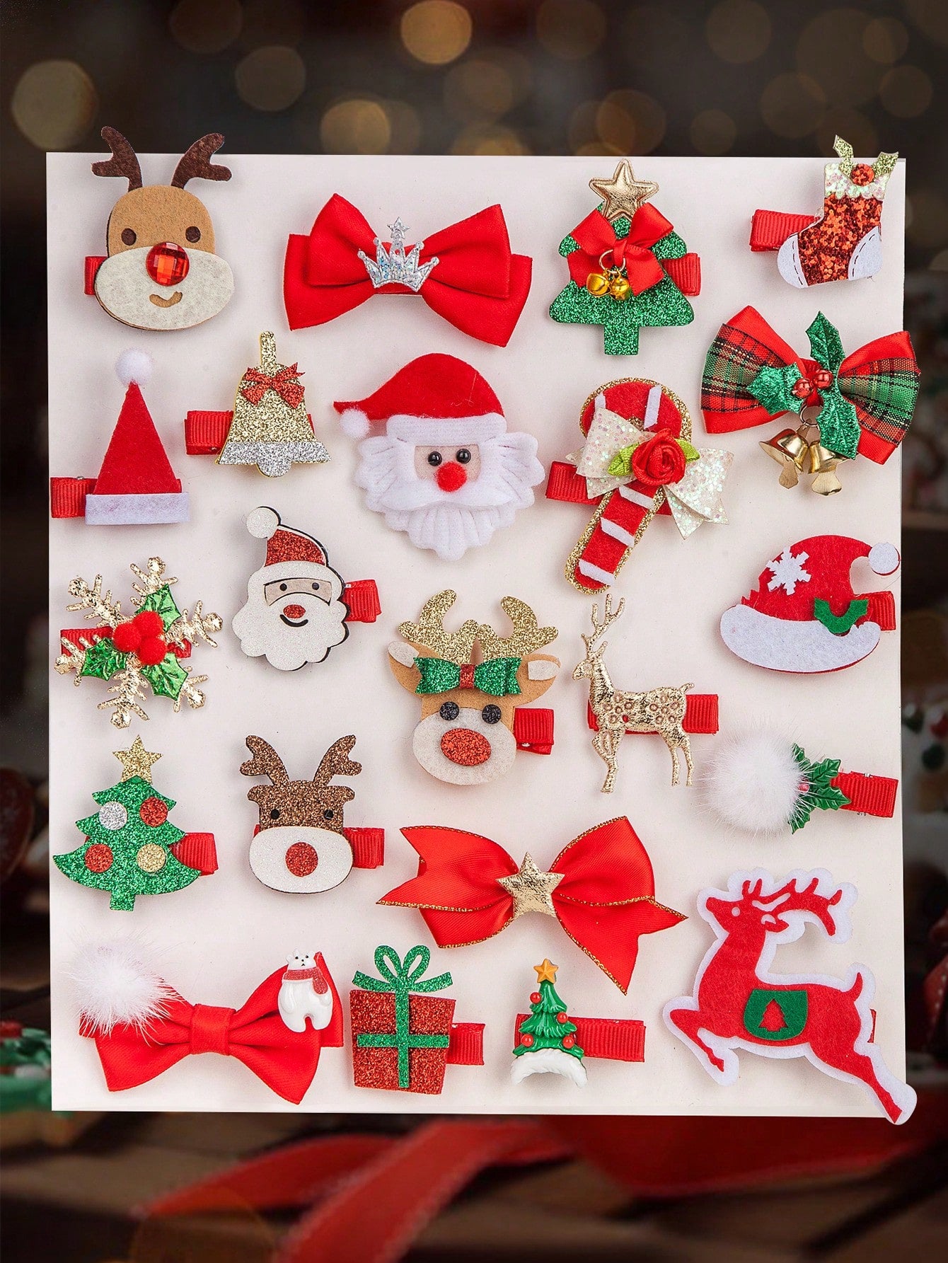 8PCS Christmas Carnival Dressed In Red Hair Clip Set, Cute Cartoon Bow Santa Claus Elk Christmas Snowflake Bell Alligator Hair Clip Side Bangs Clip, For Girls And Ladies Christmas Party Use