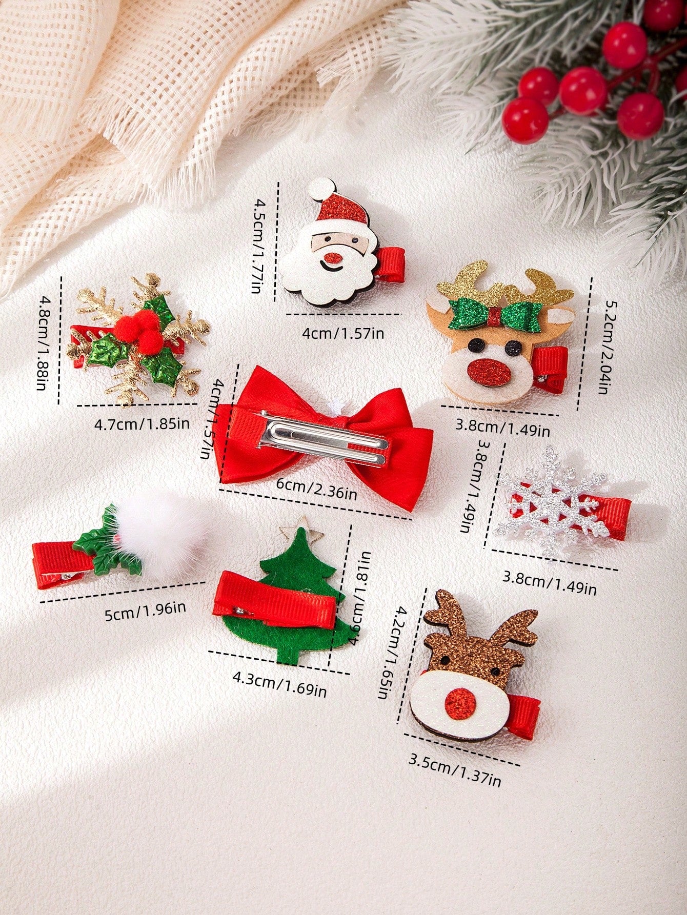 8PCS Christmas Carnival Dressed In Red Hair Clip Set, Cute Cartoon Bow Santa Claus Elk Christmas Snowflake Bell Alligator Hair Clip Side Bangs Clip, For Girls And Ladies Christmas Party Use