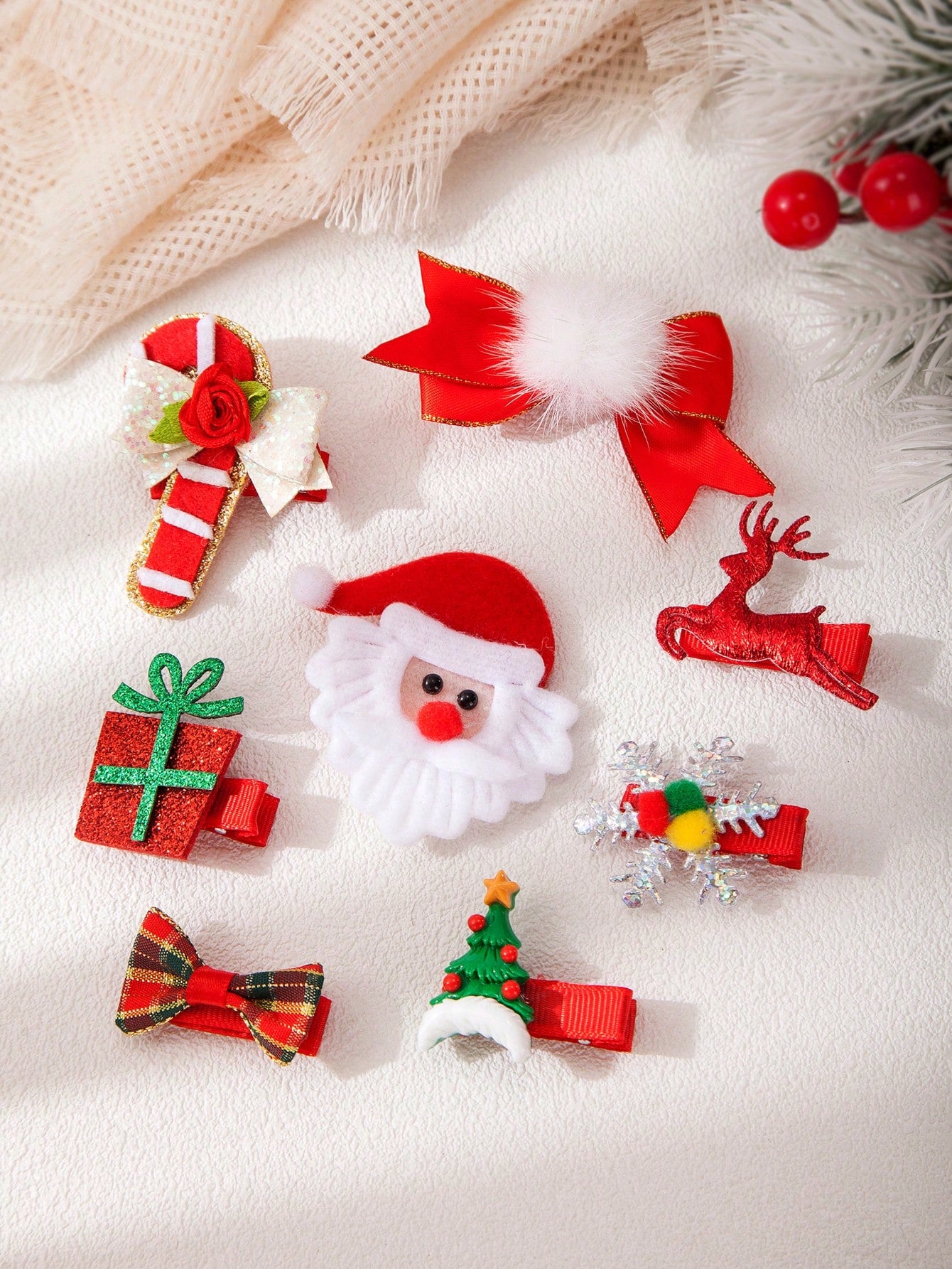 8PCS Christmas Carnival Dressed In Red Hair Clip Set, Cute Cartoon Bow Santa Claus Elk Christmas Snowflake Bell Alligator Hair Clip Side Bangs Clip, For Girls And Ladies Christmas Party Use
