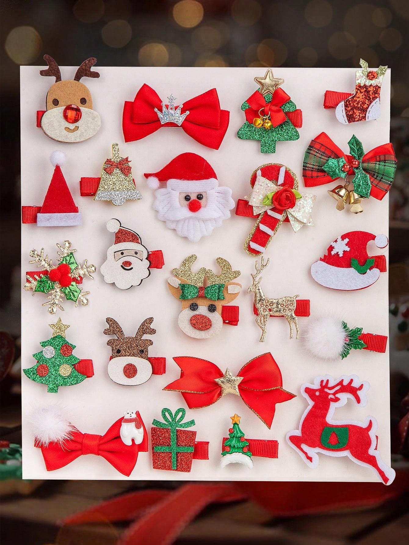 8PCS Christmas Carnival Dressed In Red Hair Clip Set, Cute Cartoon Bow Santa Claus Elk Christmas Snowflake Bell Alligator Hair Clip Side Bangs Clip, For Girls And Ladies Christmas Party Use