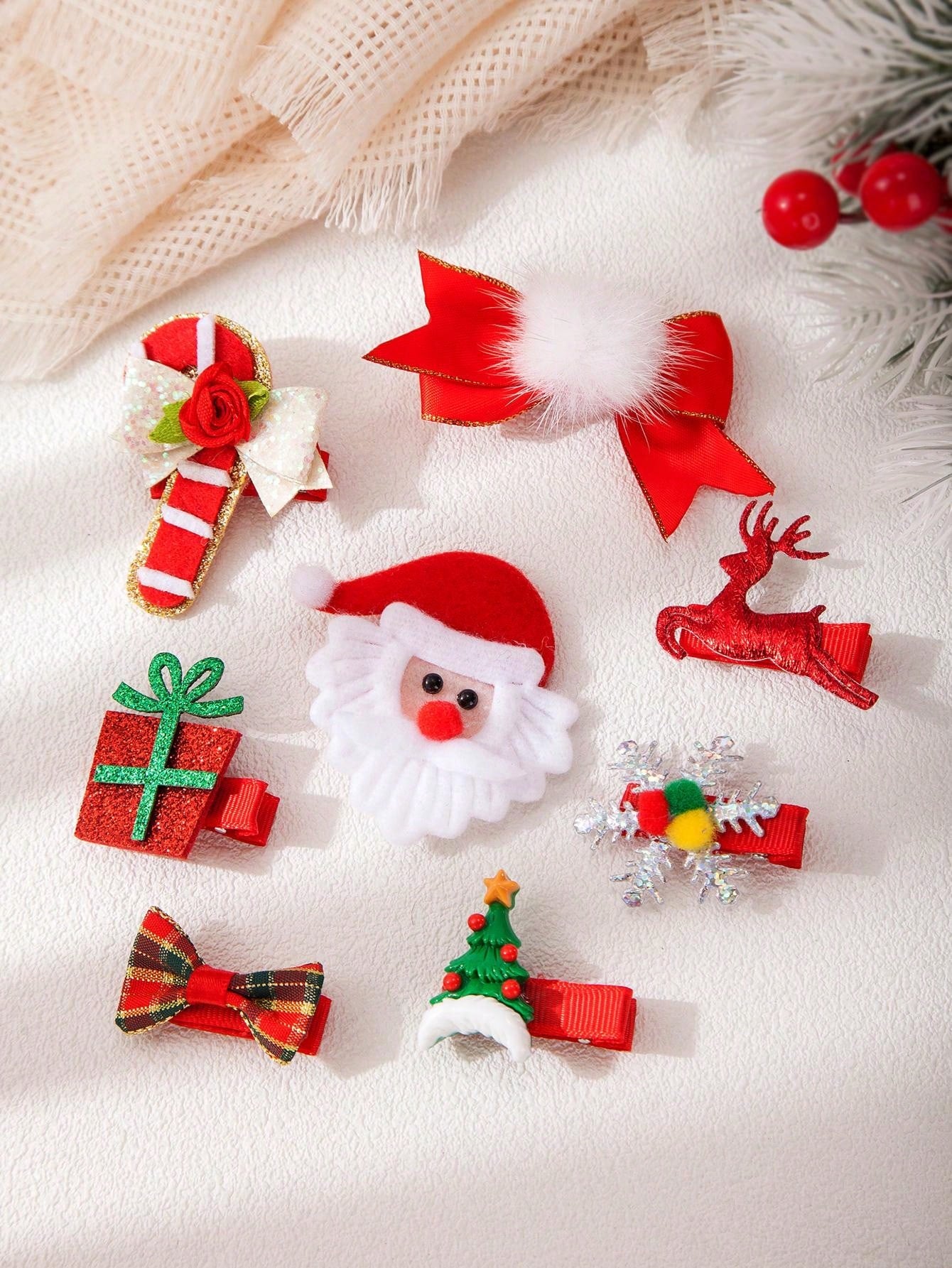 8PCS Christmas Carnival Dressed In Red Hair Clip Set, Cute Cartoon Bow Santa Claus Elk Christmas Snowflake Bell Alligator Hair Clip Side Bangs Clip, For Girls And Ladies Christmas Party Use