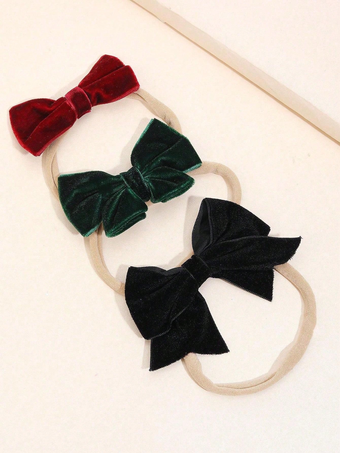 3pcs Velvet Bow Headband For Baby Girls Dark Green Black Hair Bow Headband Soft Stretchy Nylon Hairband Fall Winter Plain Bow Headband Kids Baby Hair Accessories