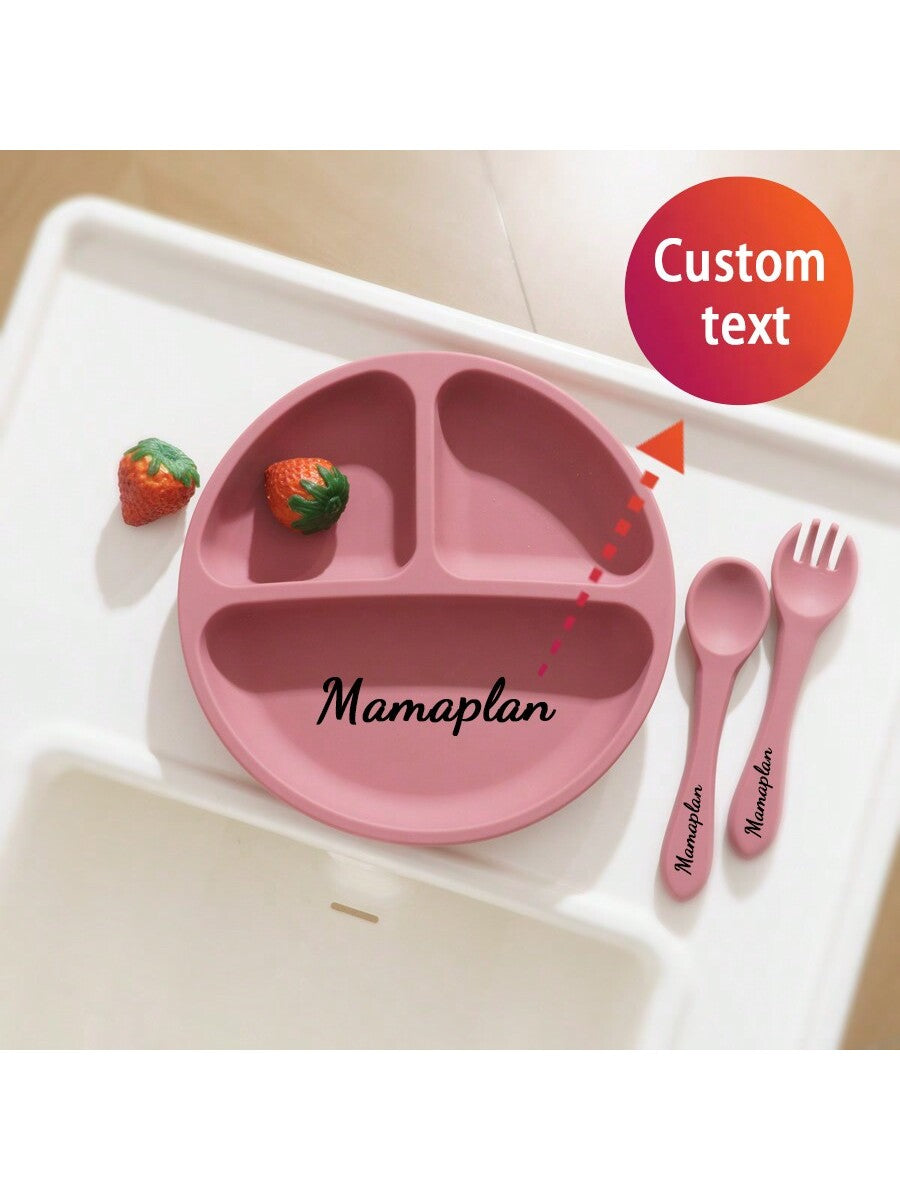 3PCS Personalized Customization Name Baby Food Storage Silicone Dishes For Baby Portable Fork Spoon Custom Sucker Dining Plate Baby Shower Family Decorations Gifts Winter Christmas Eve Gifts Back To School Winter Gift Ideas Boy Girl Valentine's Day