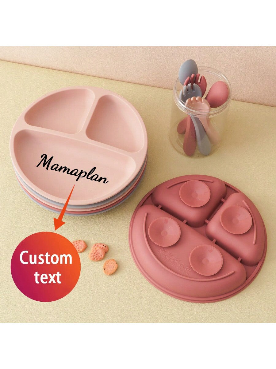 3PCS Personalized Customization Name Baby Food Storage Silicone Dishes For Baby Portable Fork Spoon Custom Sucker Dining Plate Baby Shower Family Decorations Gifts Winter Christmas Eve Gifts Back To School Winter Gift Ideas Boy Girl Valentine's Day