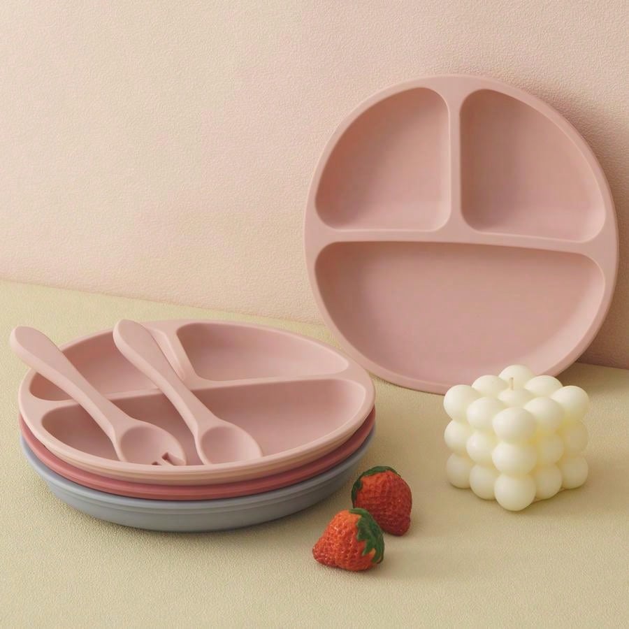3PCS Personalized Customization Name Baby Food Storage Silicone Dishes For Baby Portable Fork Spoon Custom Sucker Dining Plate Baby Shower Family Decorations Gifts Winter Christmas Eve Gifts Back To School Winter Gift Ideas Boy Girl Valentine's Day