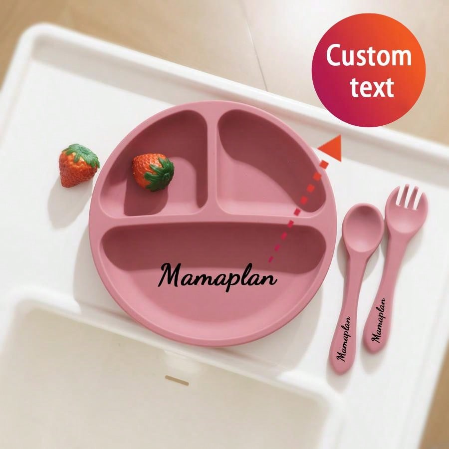 3PCS Personalized Customization Name Baby Food Storage Silicone Dishes For Baby Portable Fork Spoon Custom Sucker Dining Plate Baby Shower Family Decorations Gifts Winter Christmas Eve Gifts Back To School Winter Gift Ideas Boy Girl Valentine's Day