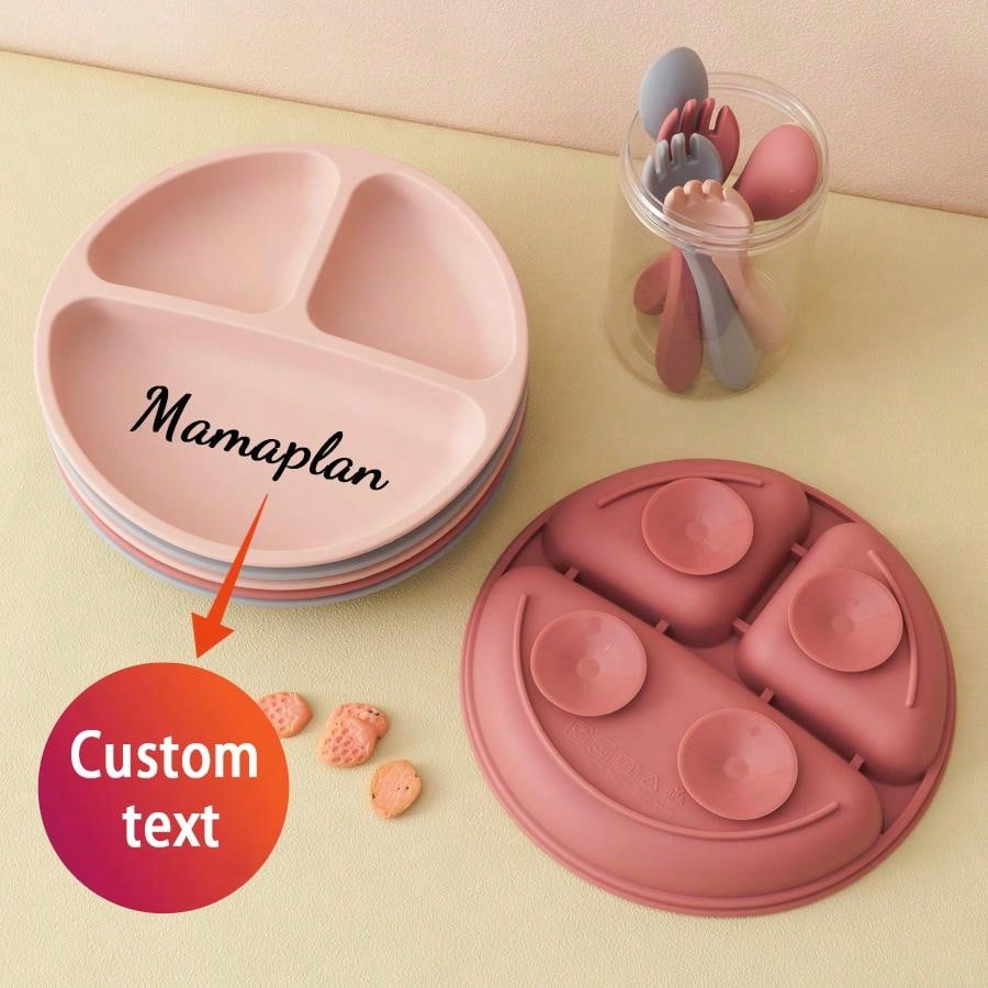 3PCS Personalized Customization Name Baby Food Storage Silicone Dishes For Baby Portable Fork Spoon Custom Sucker Dining Plate Baby Shower Family Decorations Gifts Winter Christmas Eve Gifts Back To School Winter Gift Ideas Boy Girl Valentine's Day