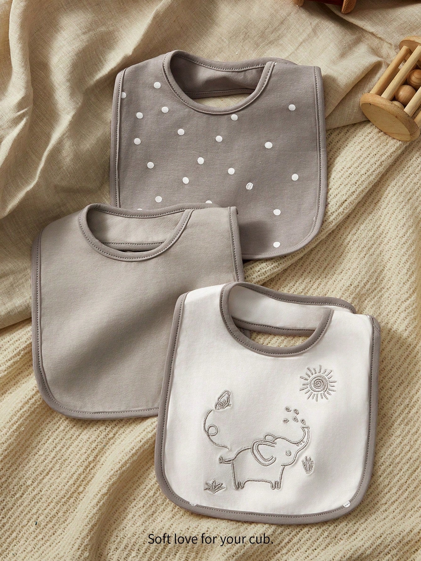 Cozy Pixies Cozy Cub 3pcs/Set Baby Bibs, Gray Elephant Pattern Feeding Bibs, Multi-Use