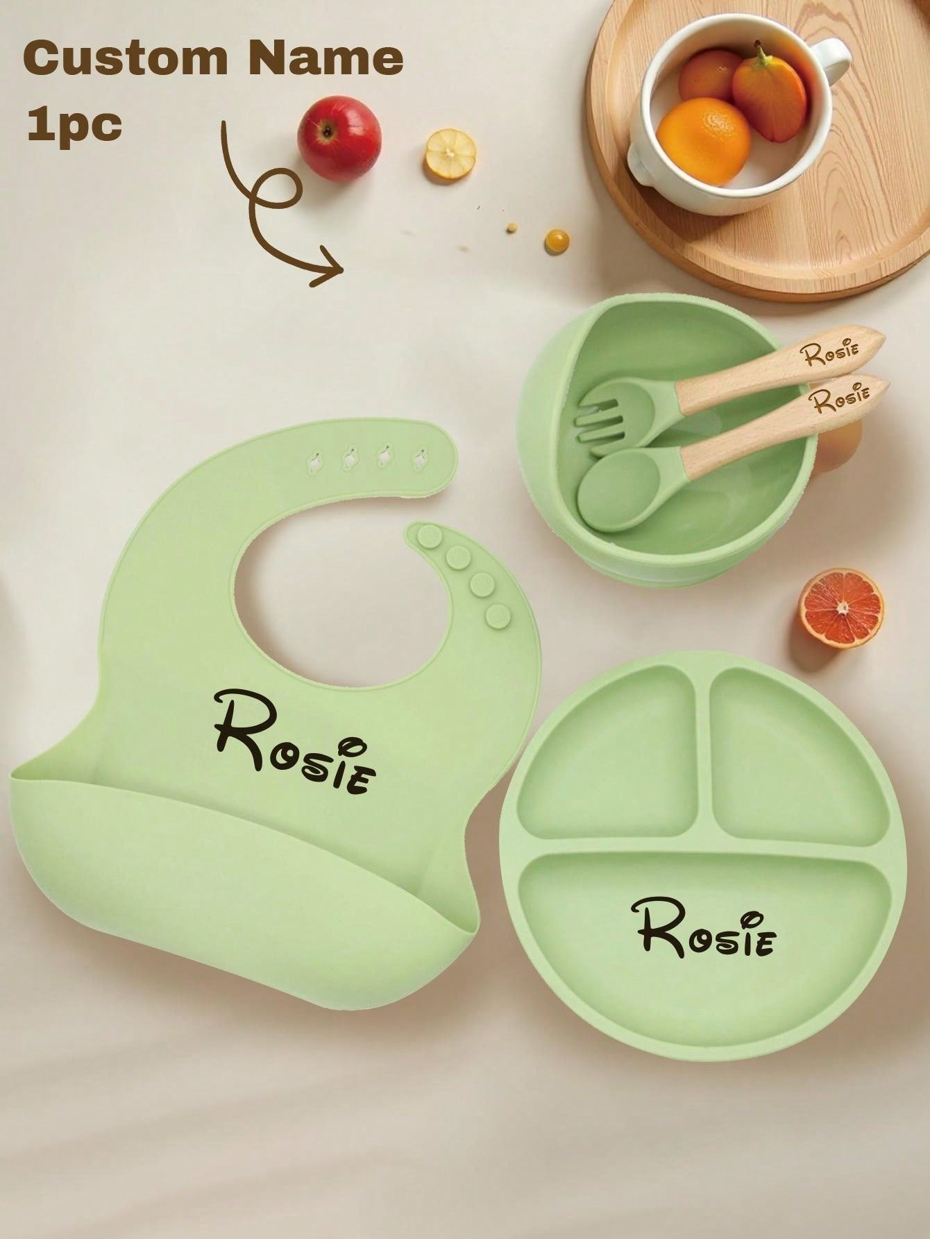 1cps/4pcs Custom Silicone Fork And Spoon Set, Custom Silicone Bowl, Personalized Silicone Dinner Plate, Custom Baby Silicone Bibbaby Shower Family Decorations Gifts