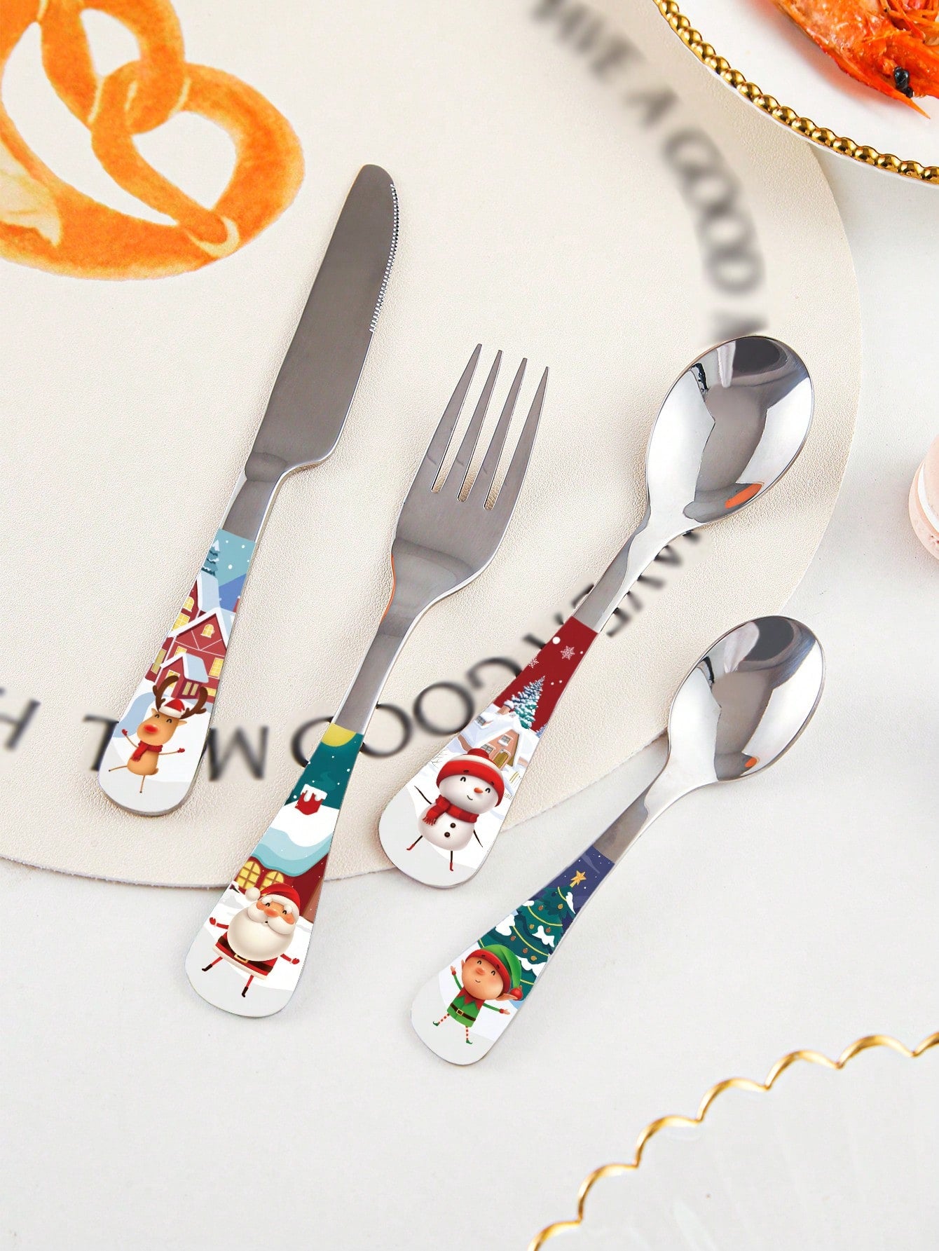 4pcs Stainless Steel Creative Cartoon Western Meal Cutlery Dessert Spoon Set ,Kitchen,Christmas Gift