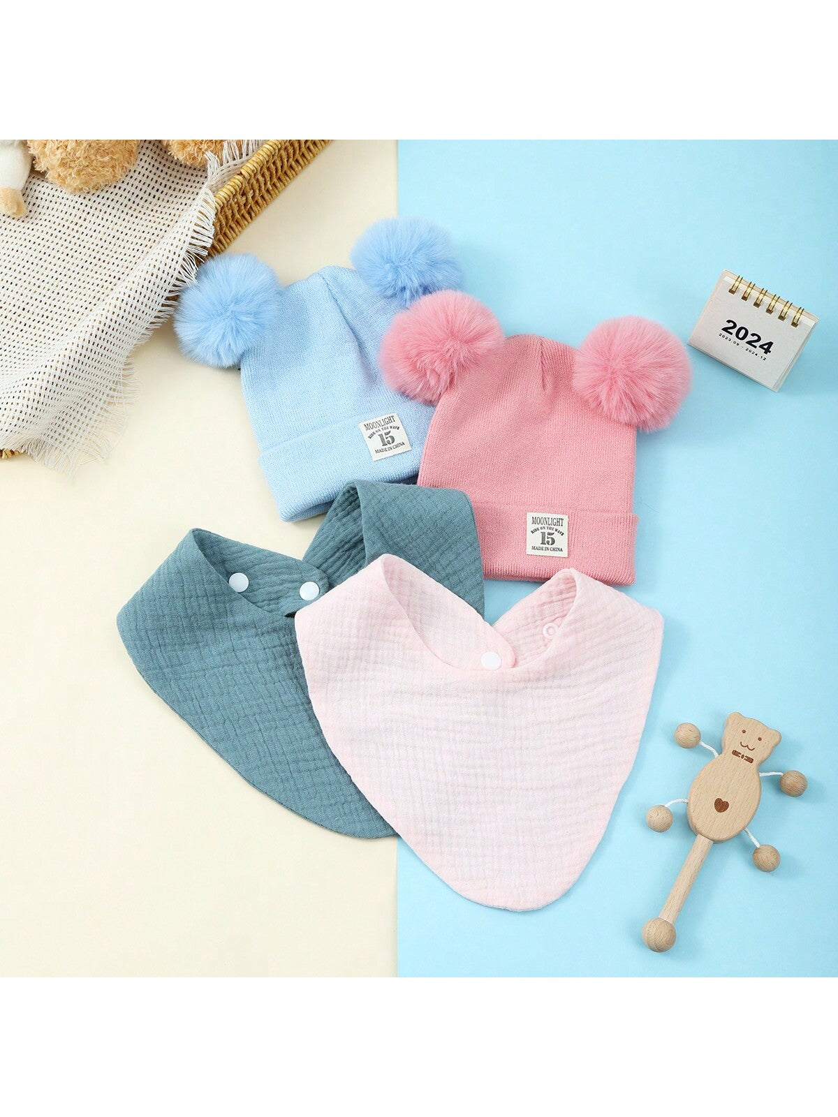 2pcs/Set Baby Double Pom Pom Knitted Hat & Bib Set, Infant Muslin Triangular Drool Bibs