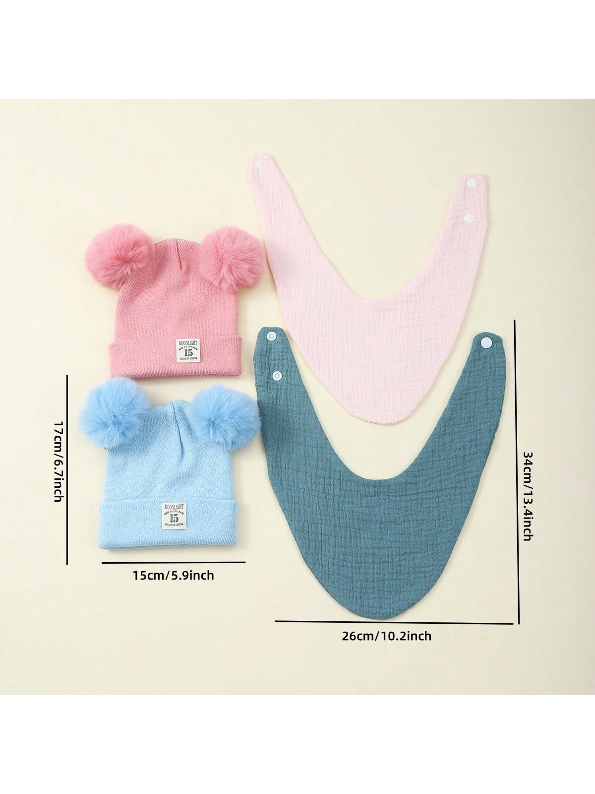 2pcs/Set Baby Double Pom Pom Knitted Hat & Bib Set, Infant Muslin Triangular Drool Bibs