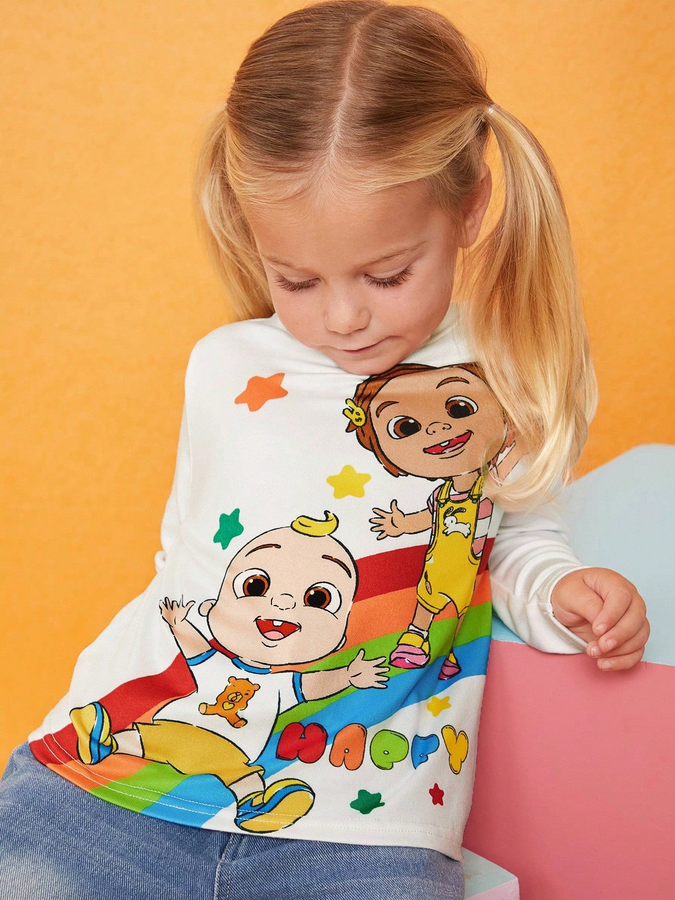 CoComelon X Young Girl Cartoon Character & Rainbow Star Print Cute Cozy Mock Neck Long Sleeve T-Shirt