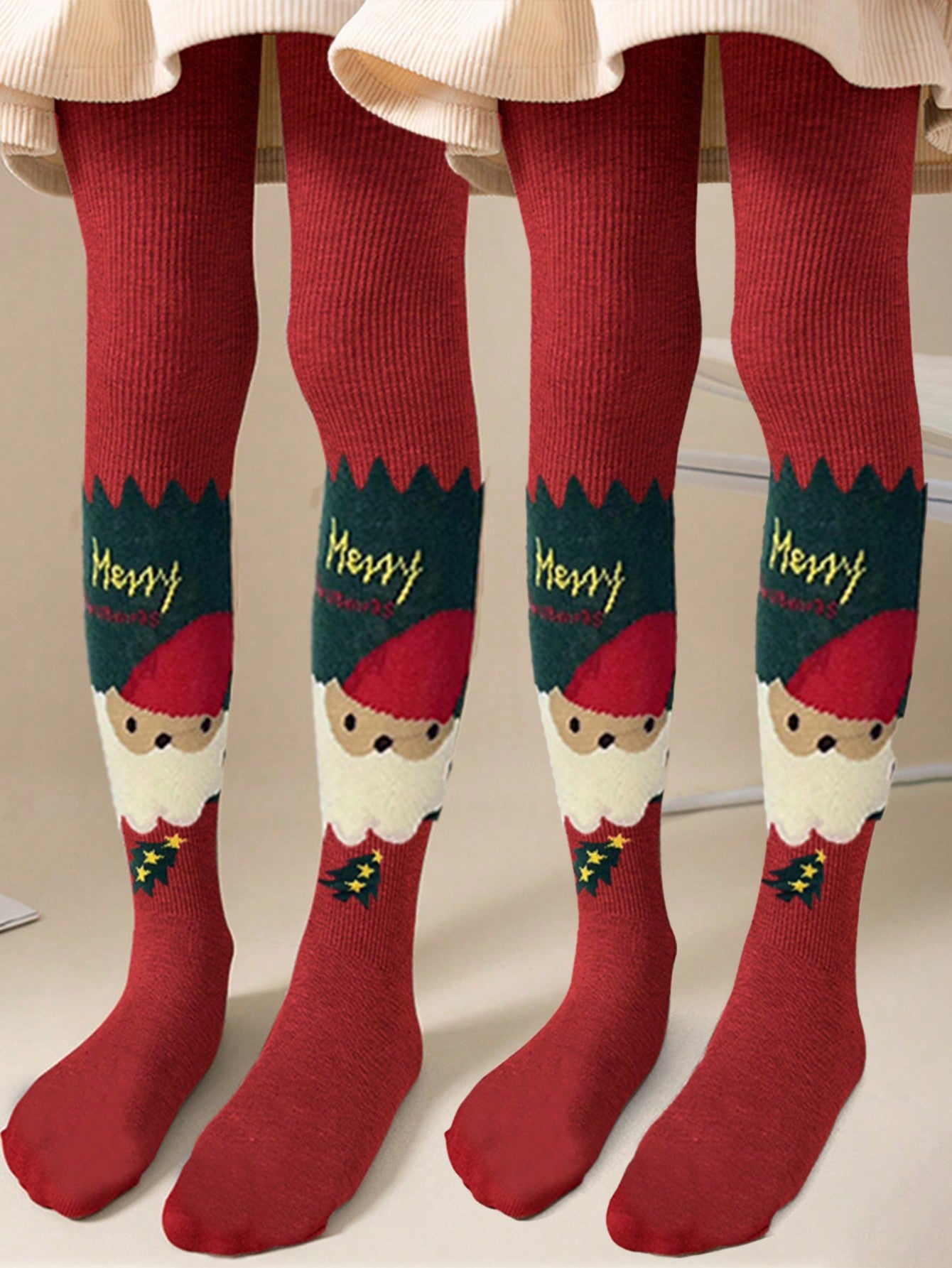 2pcs/Set Kids Girls Christmas Striped Leggings, Warm Tights For Dance Practice, Cute Santa Claus Print Pattern Suitable For All Seasons