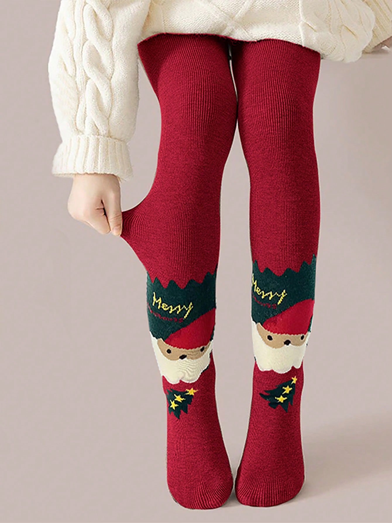 2pcs/Set Kids Girls Christmas Striped Leggings, Warm Tights For Dance Practice, Cute Santa Claus Print Pattern Suitable For All Seasons