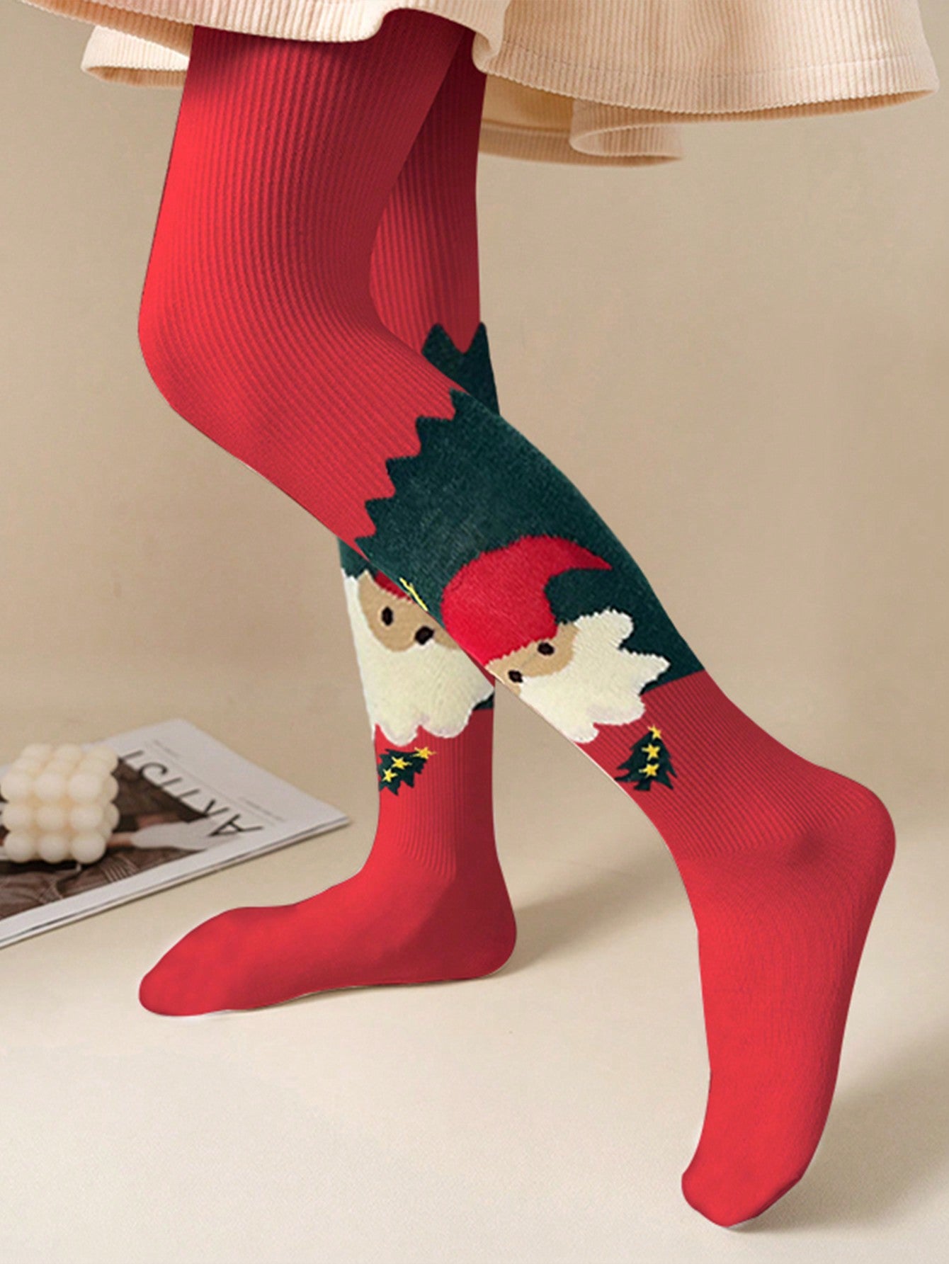 2pcs/Set Kids Girls Christmas Striped Leggings, Warm Tights For Dance Practice, Cute Santa Claus Print Pattern Suitable For All Seasons