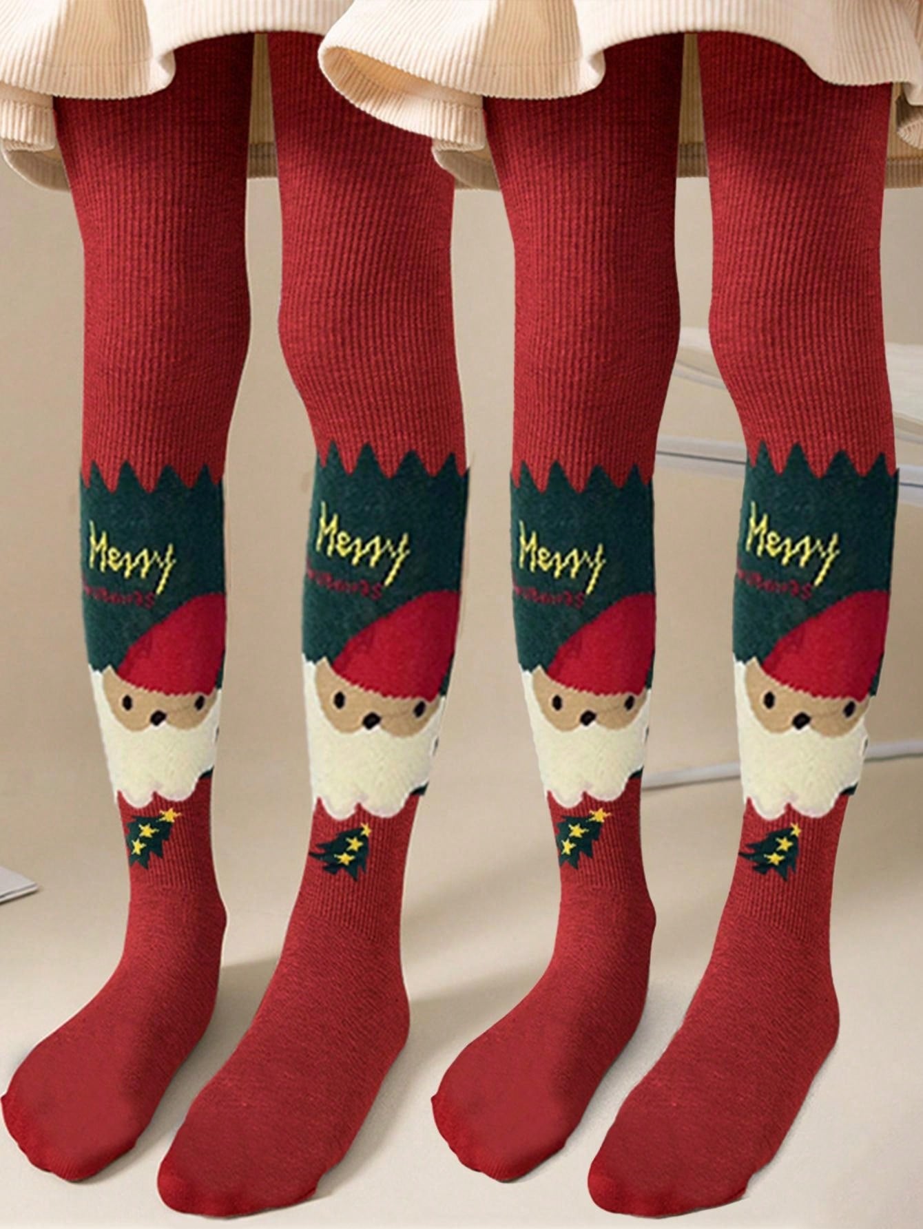 2pcs/Set Kids Girls Christmas Striped Leggings, Warm Tights For Dance Practice, Cute Santa Claus Print Pattern Suitable For All Seasons