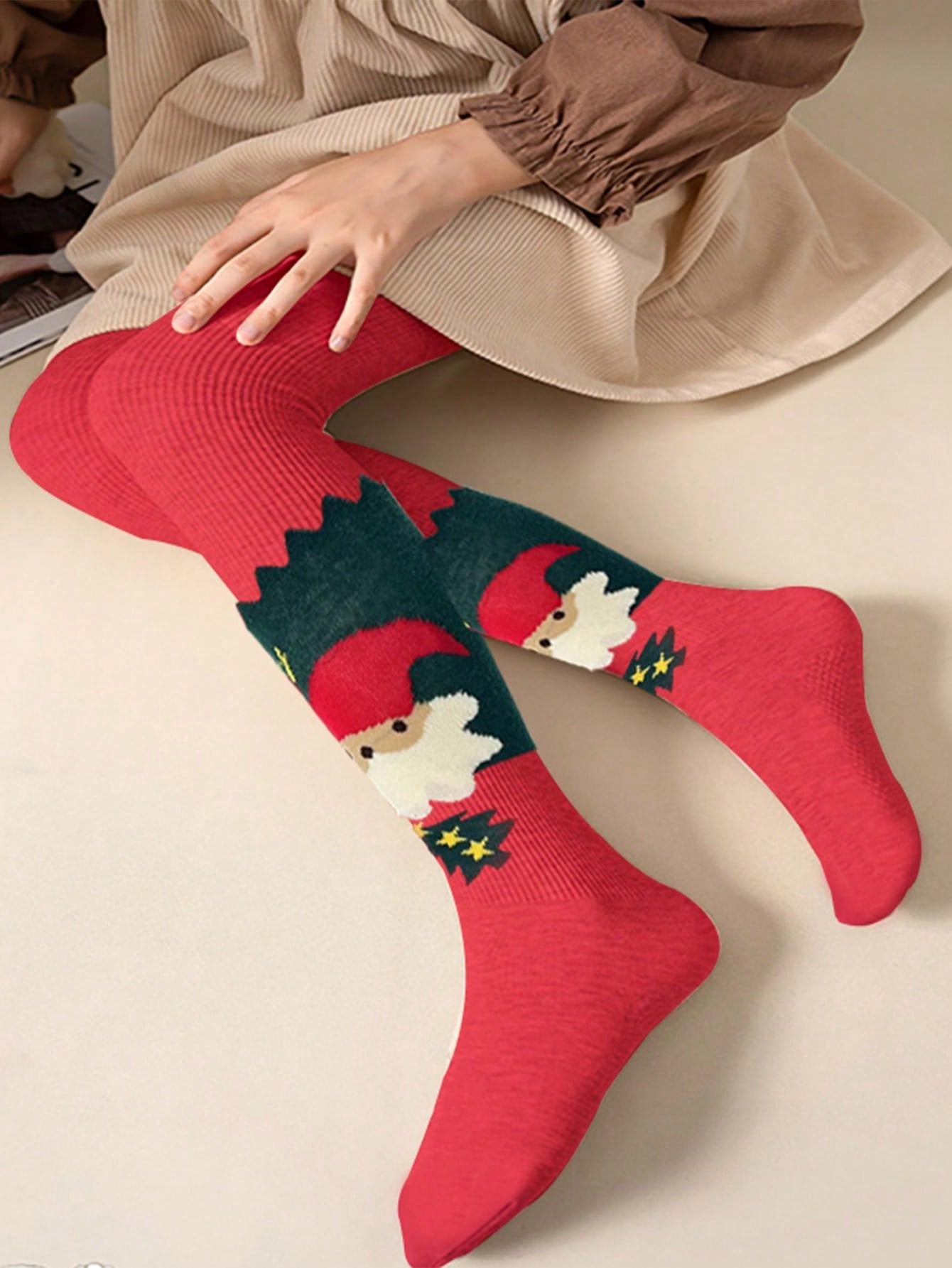 2pcs/Set Kids Girls Christmas Striped Leggings, Warm Tights For Dance Practice, Cute Santa Claus Print Pattern Suitable For All Seasons