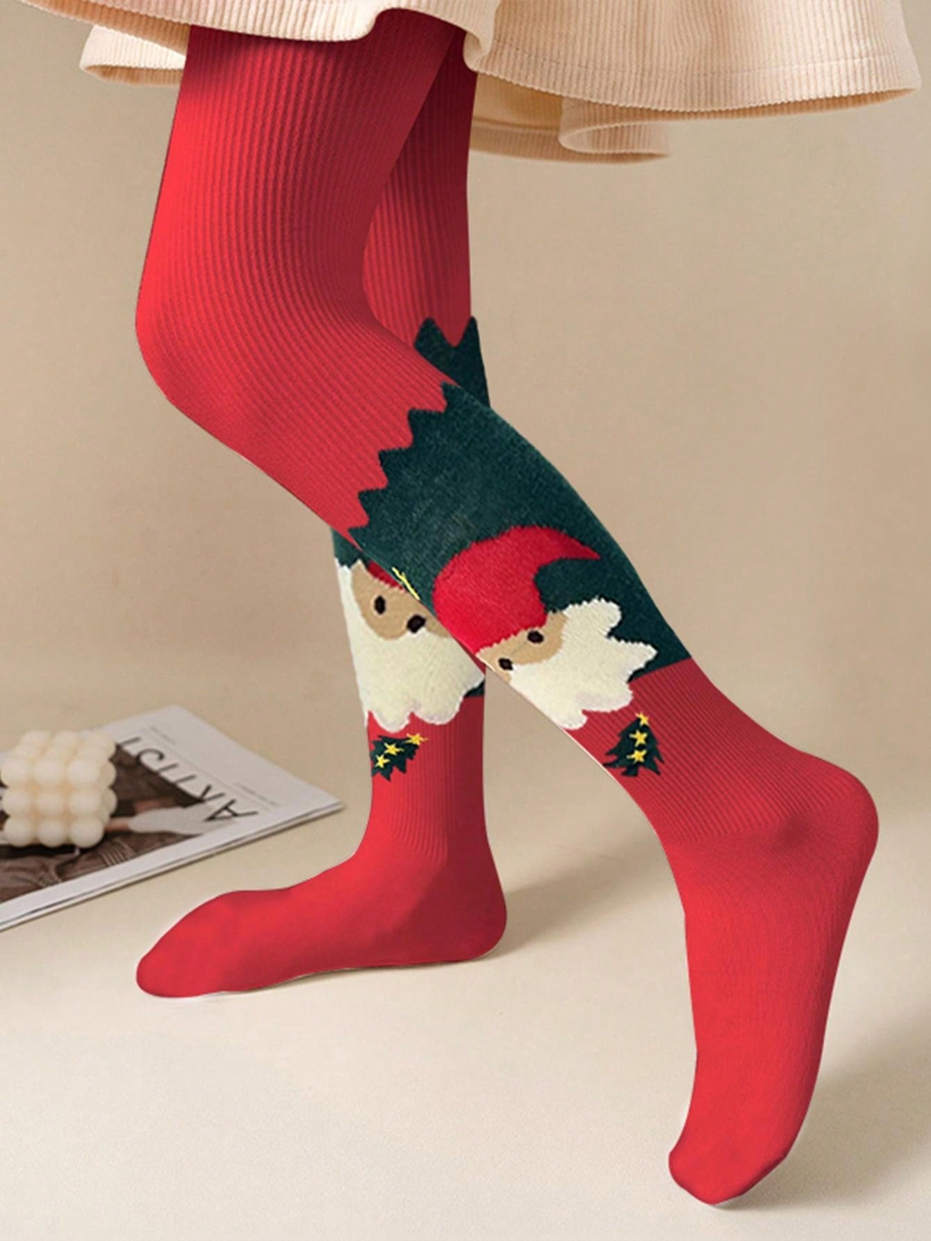 2pcs/Set Kids Girls Christmas Striped Leggings, Warm Tights For Dance Practice, Cute Santa Claus Print Pattern Suitable For All Seasons