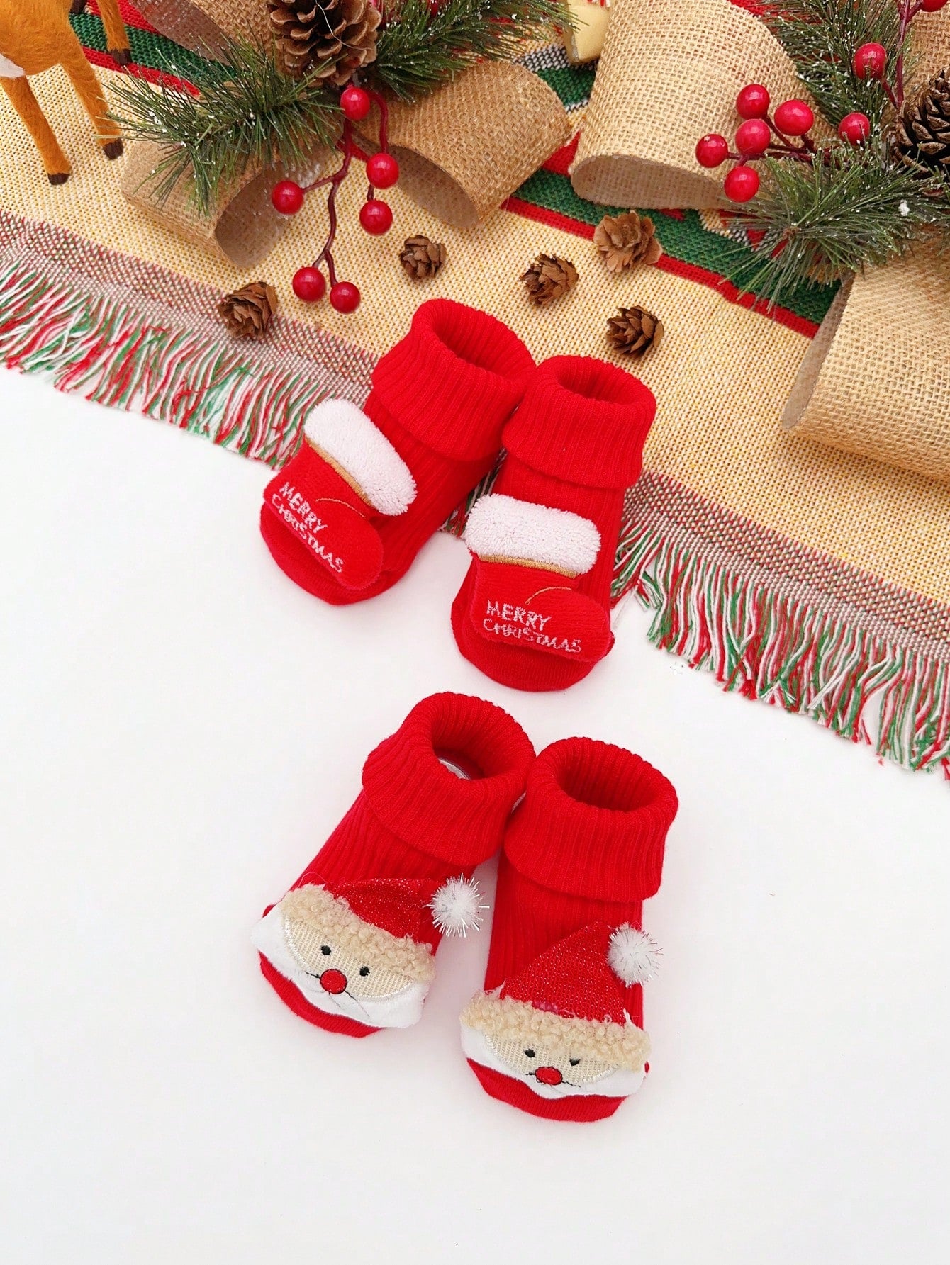 2 Pairs Infant Baby Christmas Socks With Deer & Bell Decor, Red, Suitable For Newborns Wear During Christmas And New Year